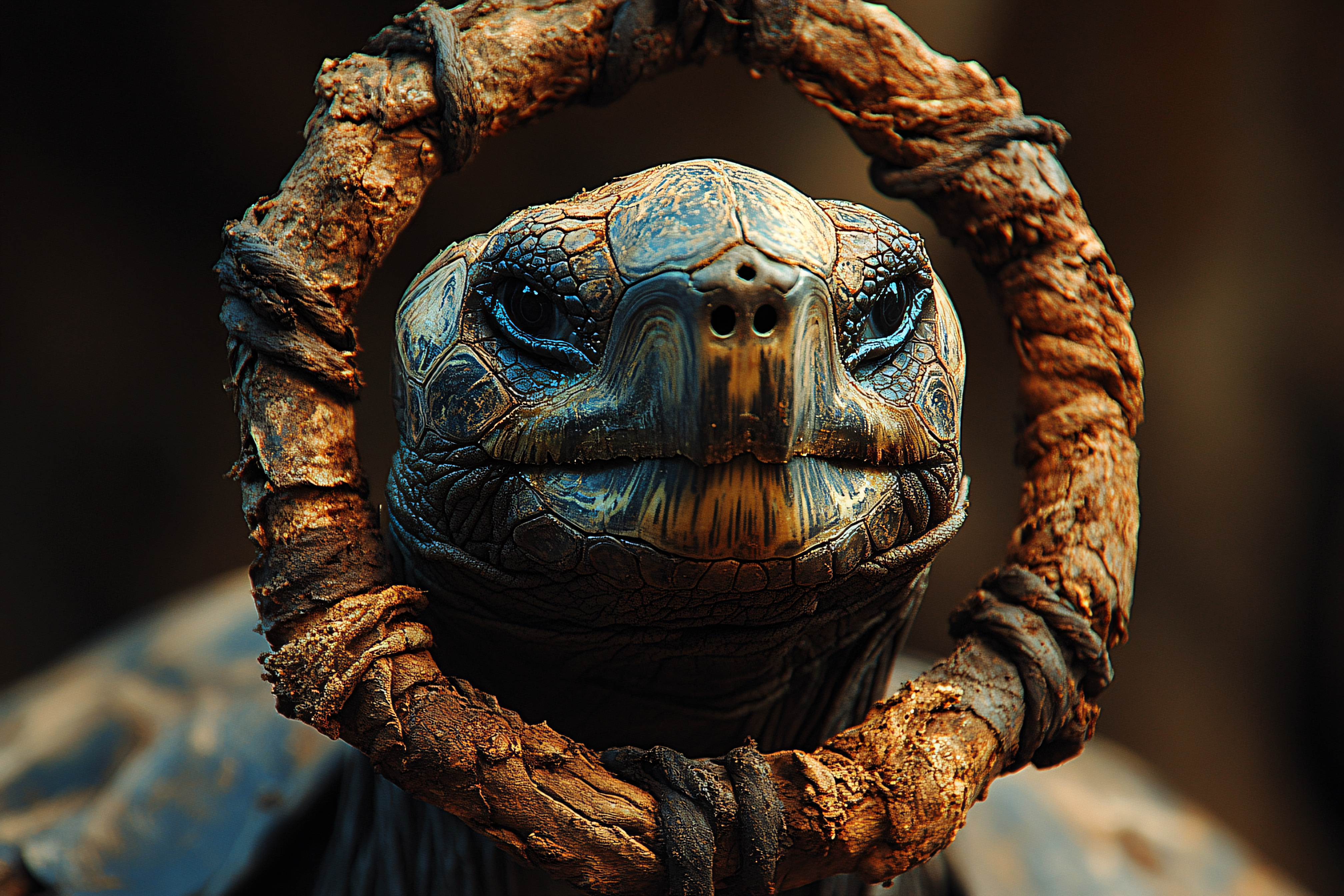 Tortoise Face Framed By Wooden Circle