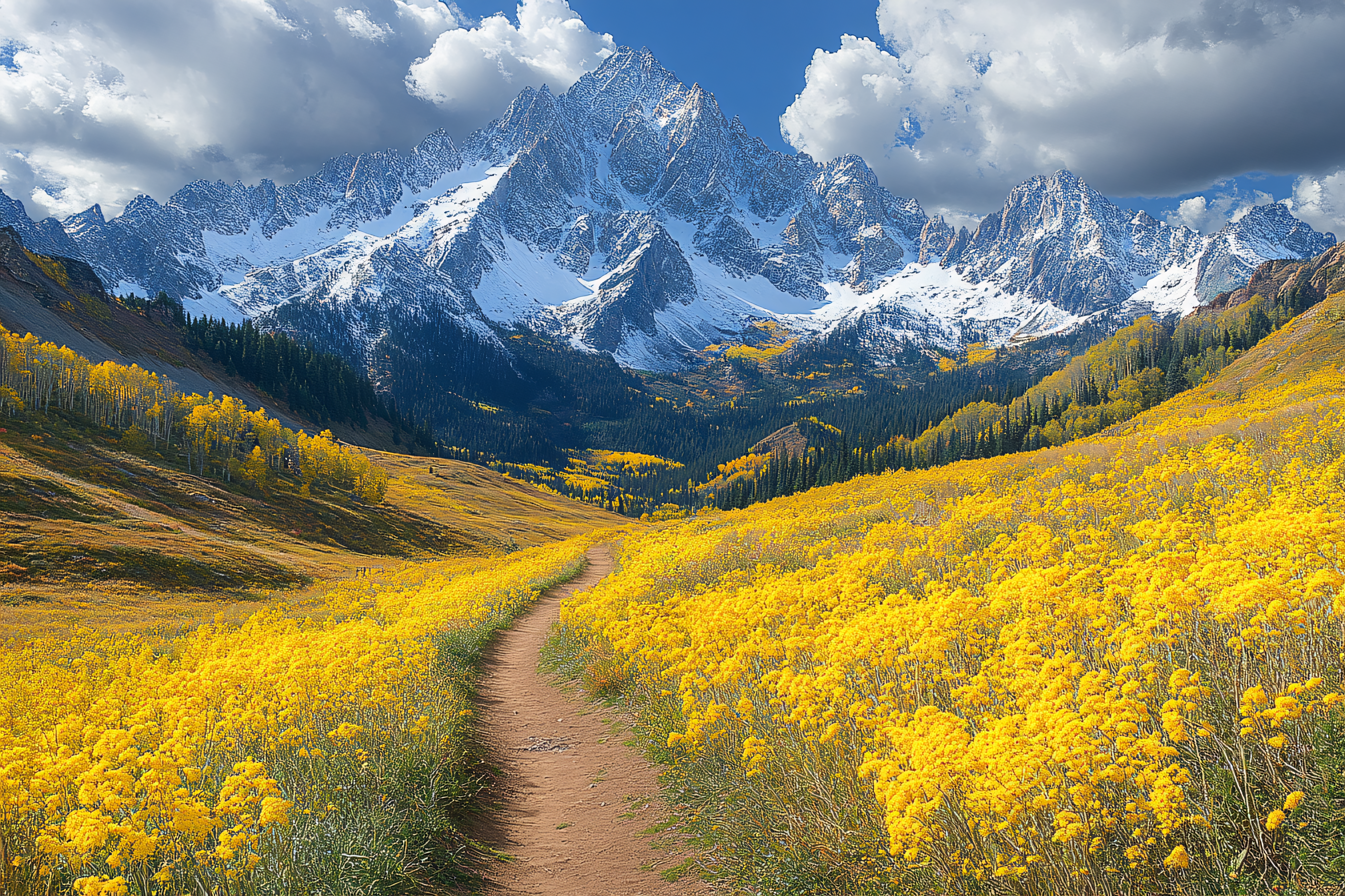 Trail Through Golden Flowers to Majestic Mountains
