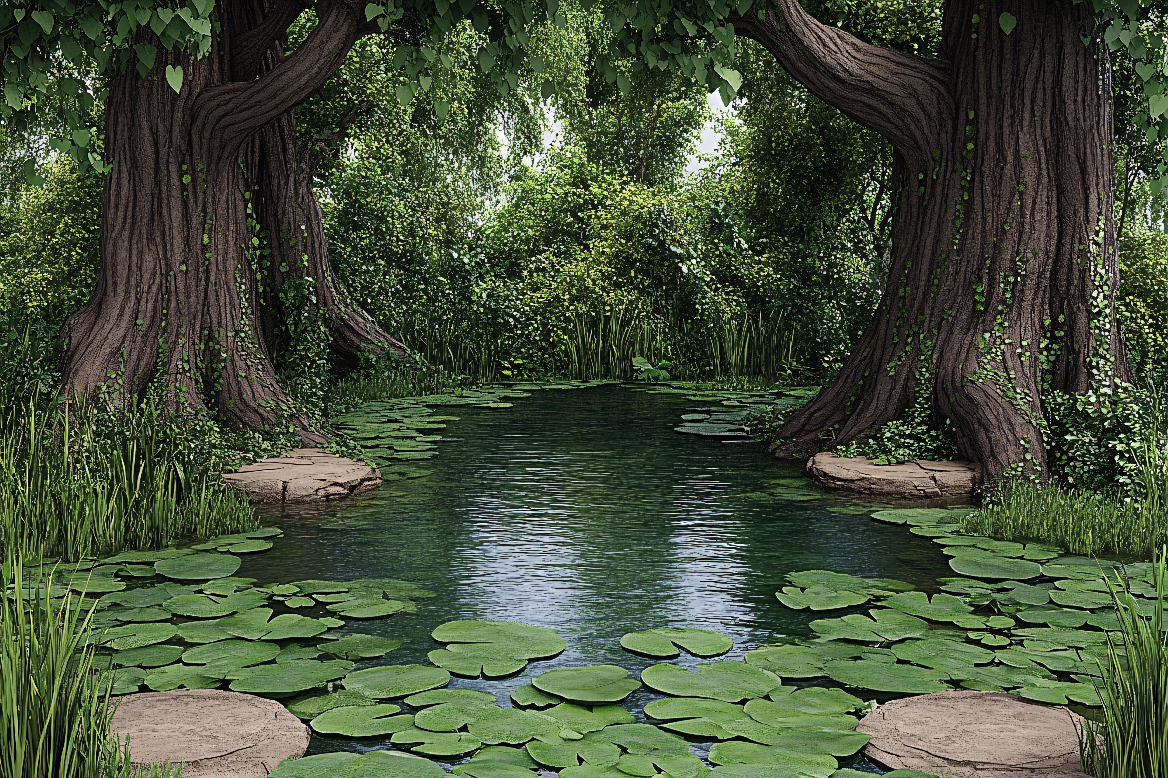 Tranquil Pond with Lily Pads and Forest Backdrop