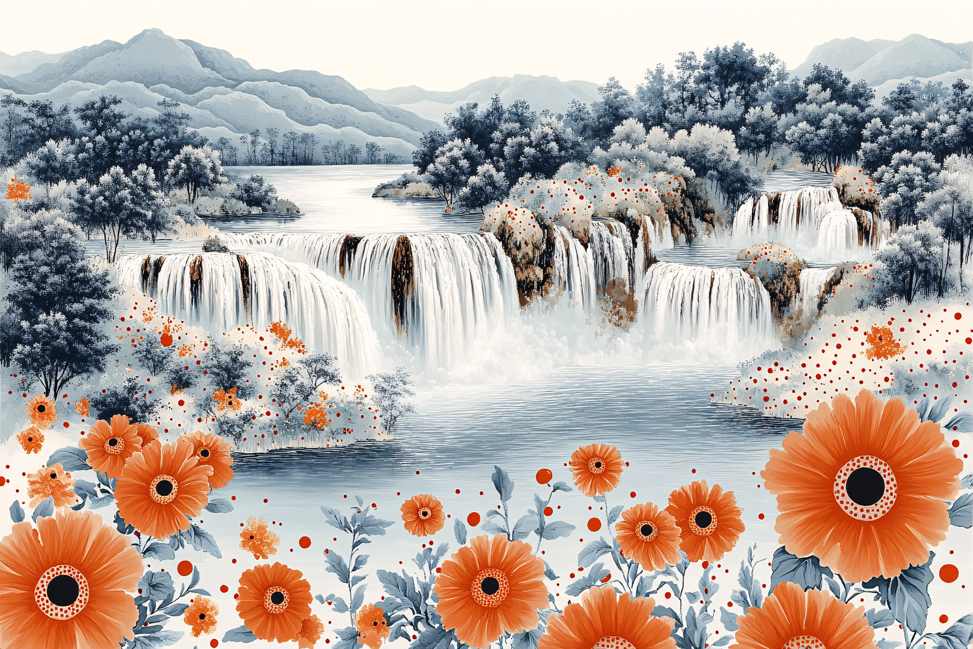 Tranquil Waterfall with Floral Accents