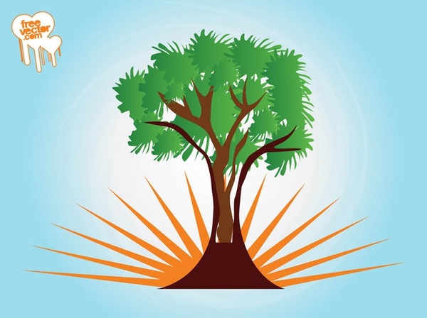 Tree and Rising Sun Free Vector