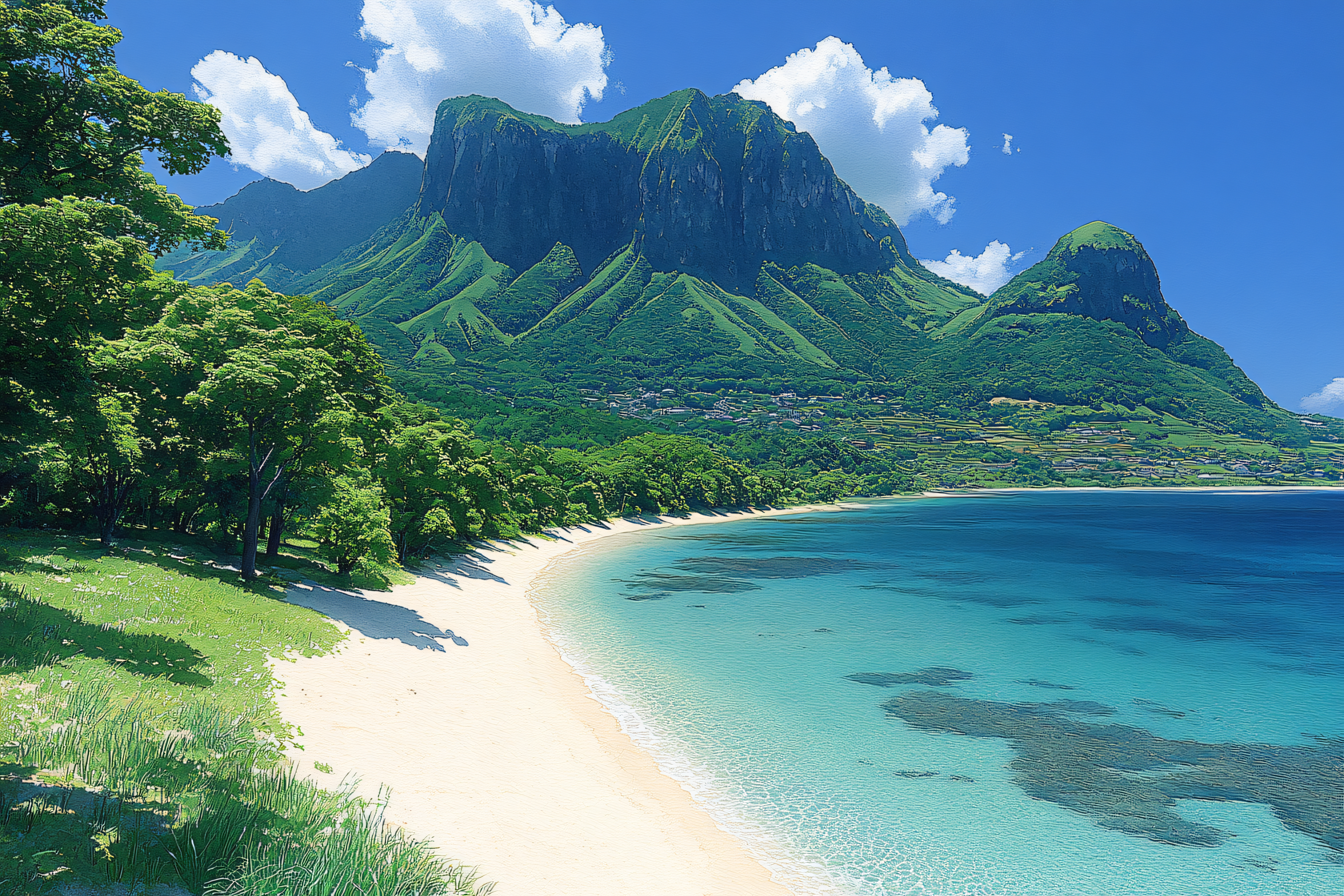 Tropical Beach With Mountain Backdrop