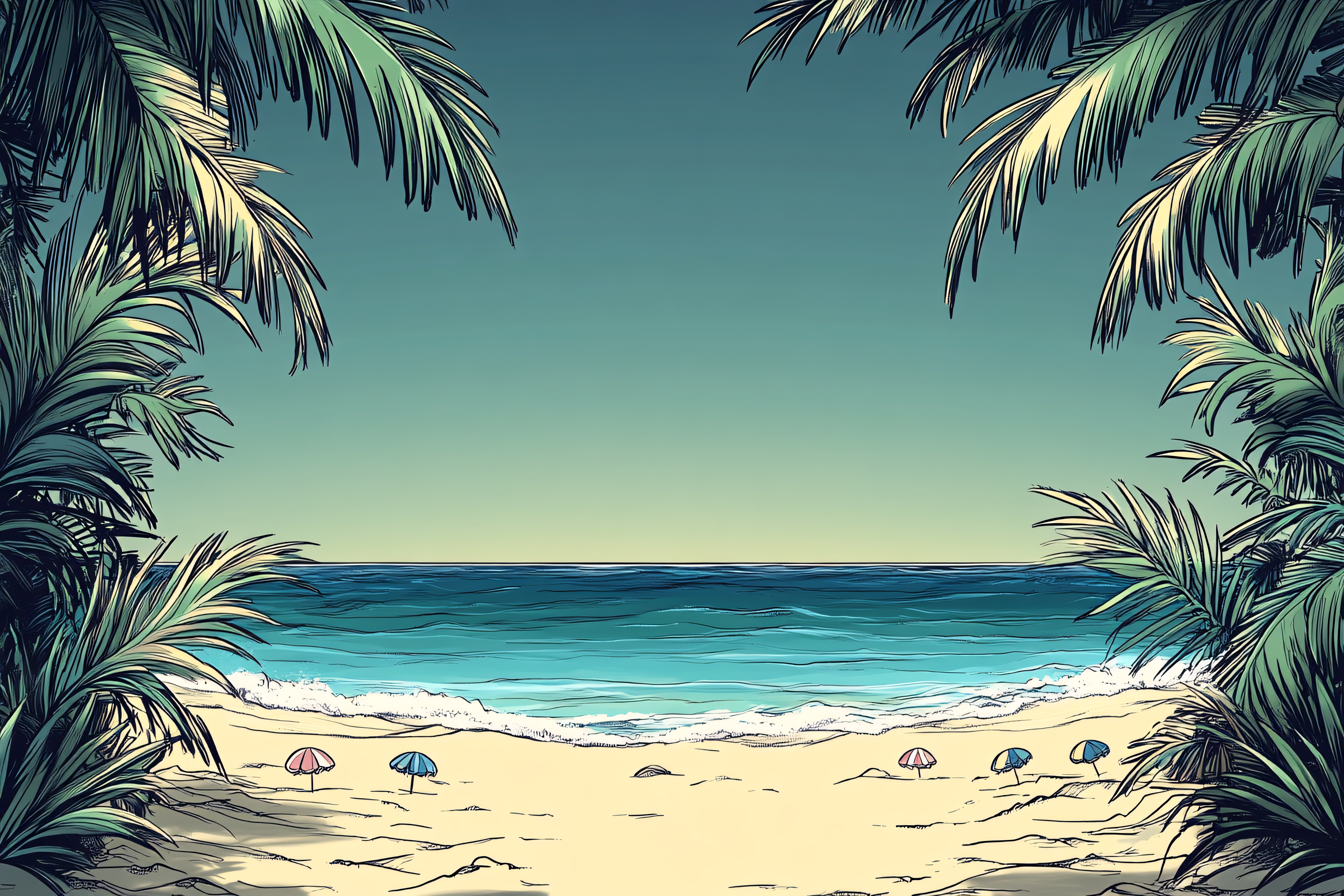 Tropical Beach With Palm Trees And Umbrellas