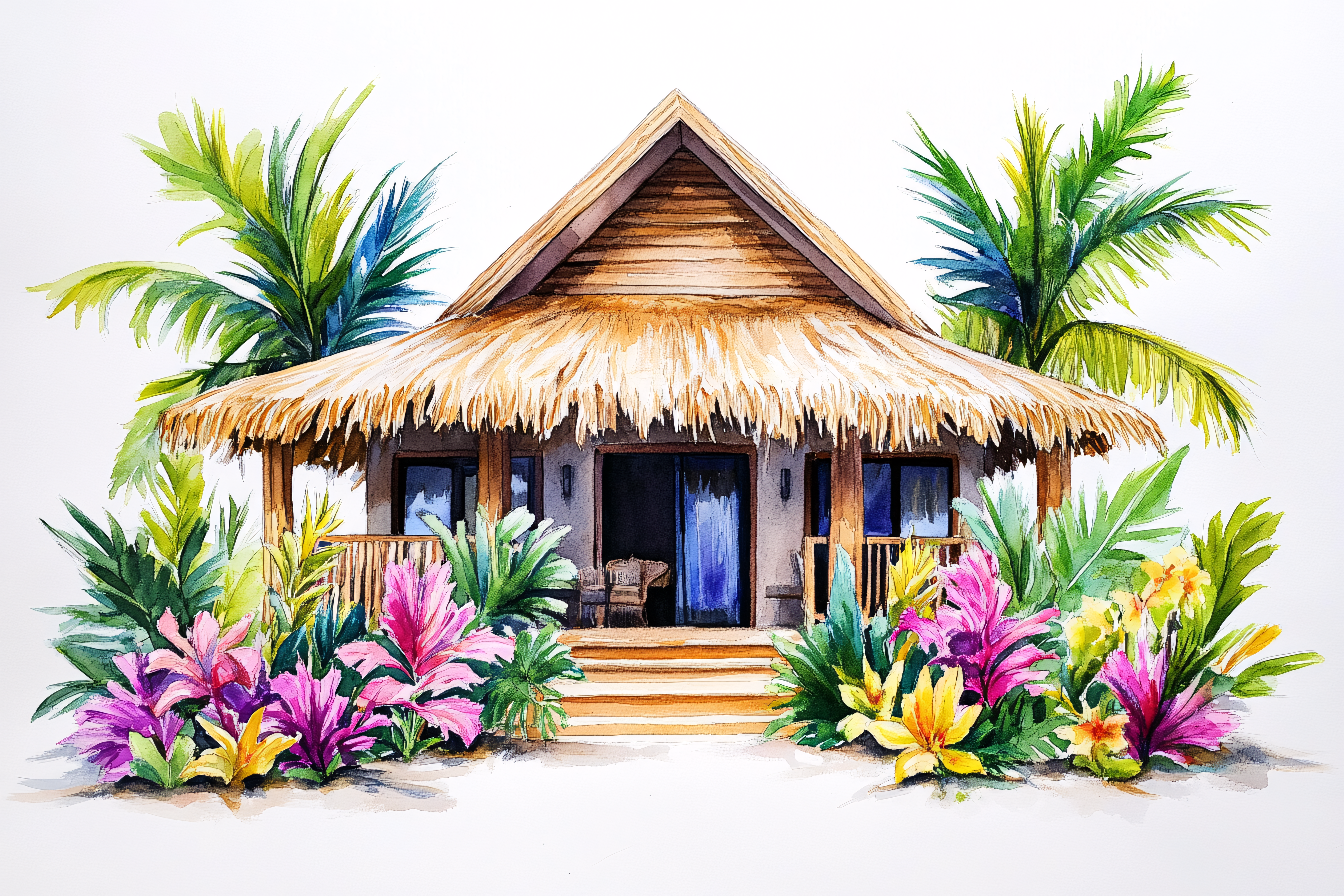 Tropical Bungalow Watercolor