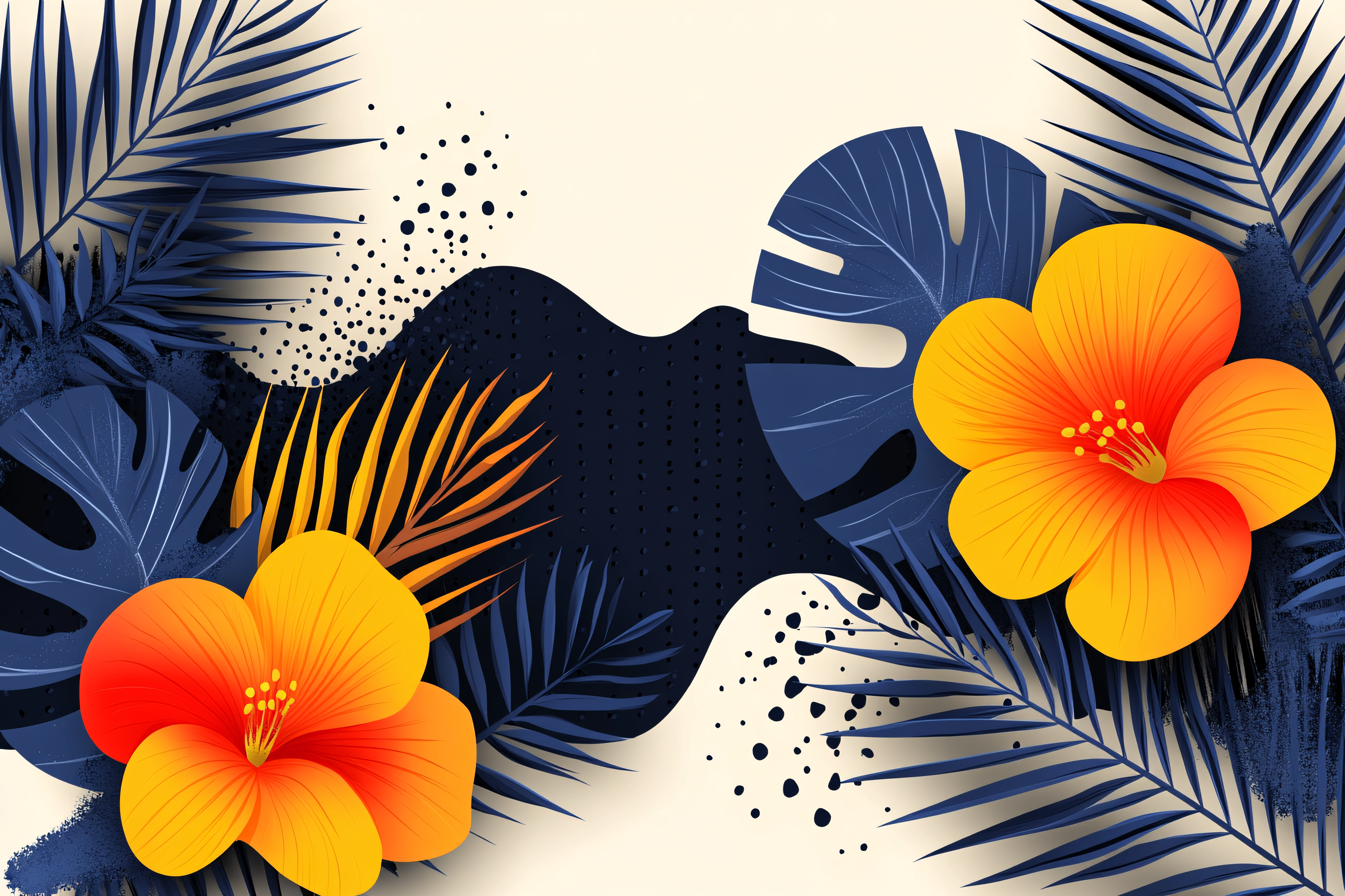 Tropical Hibiscus and Palm Leaves Design
