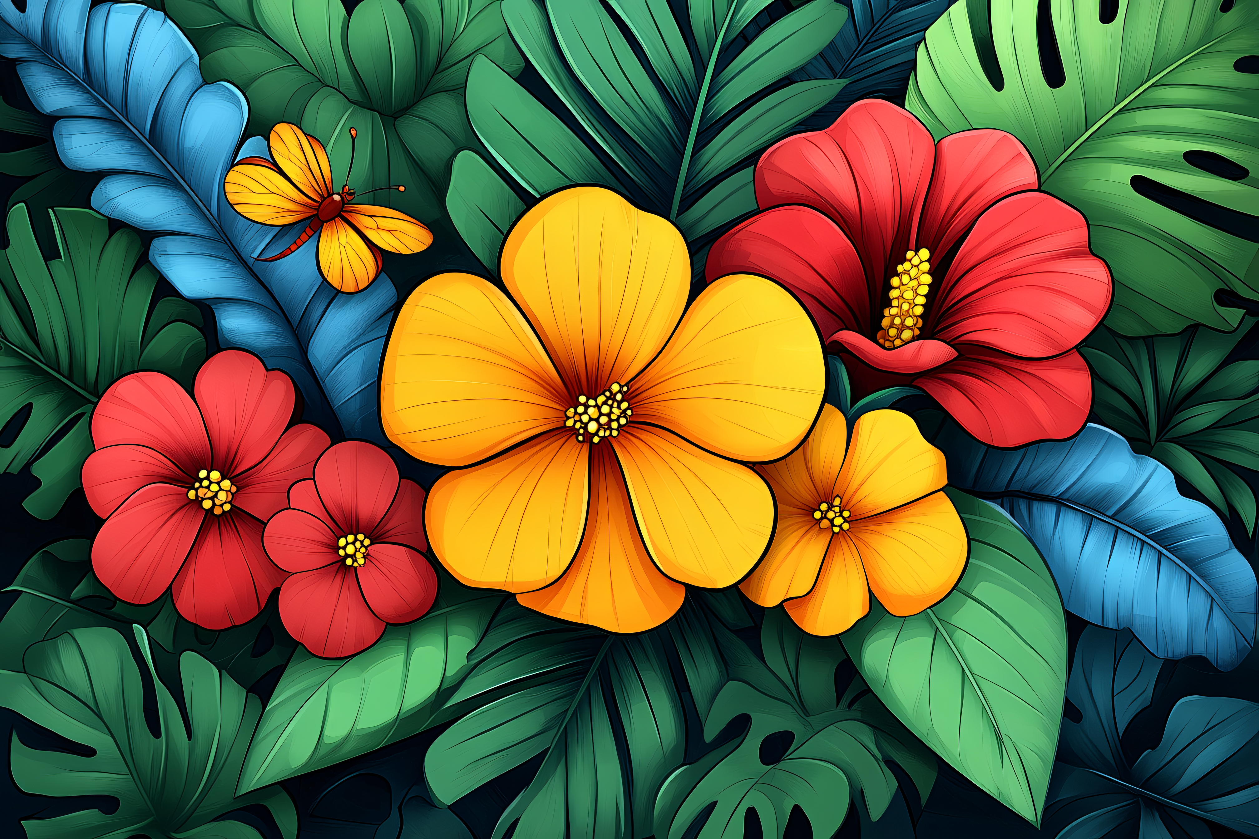 Tropical Hibiscus Flowers with Butterfly