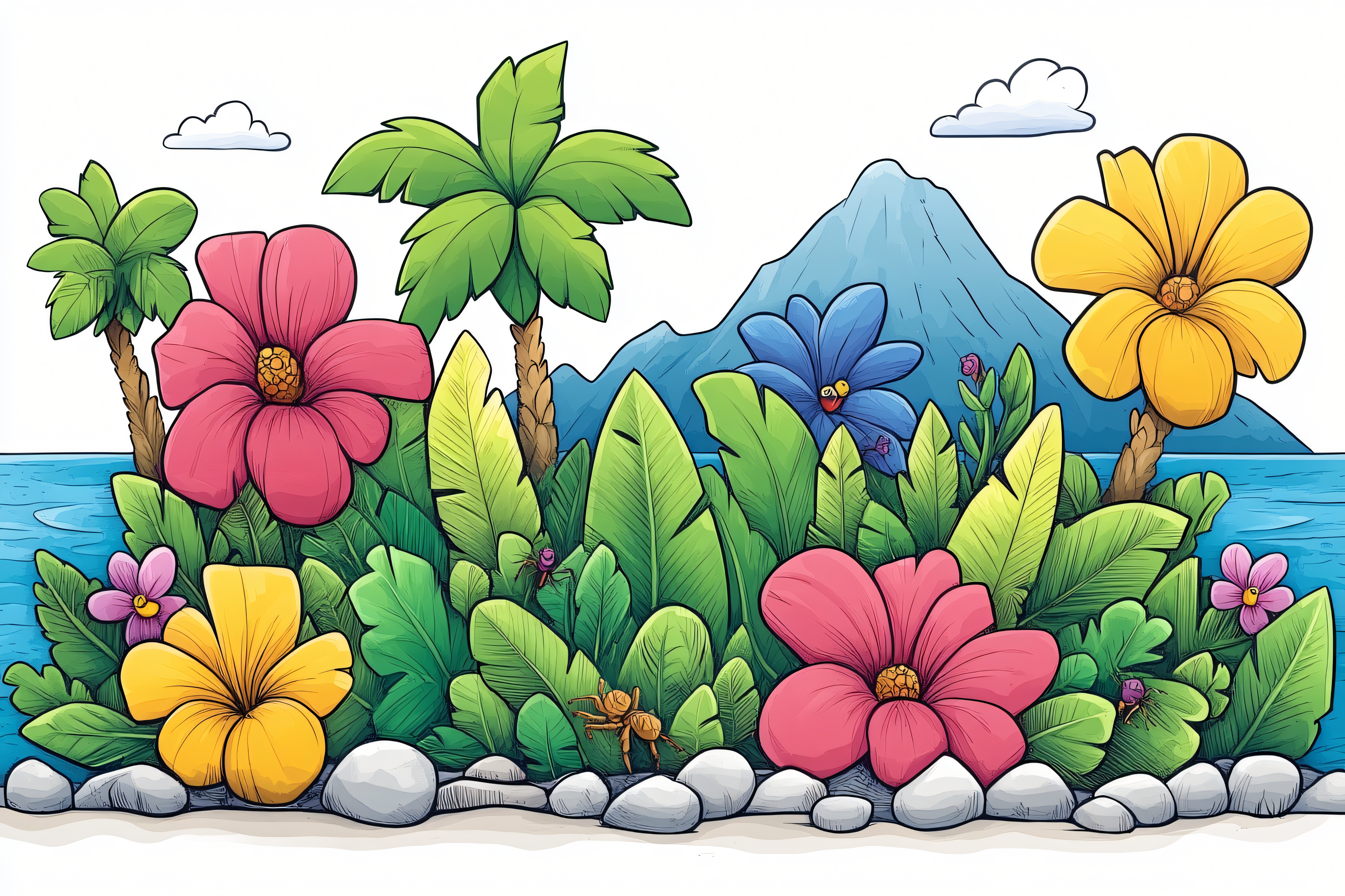 Tropical Island Flowers and Mountain