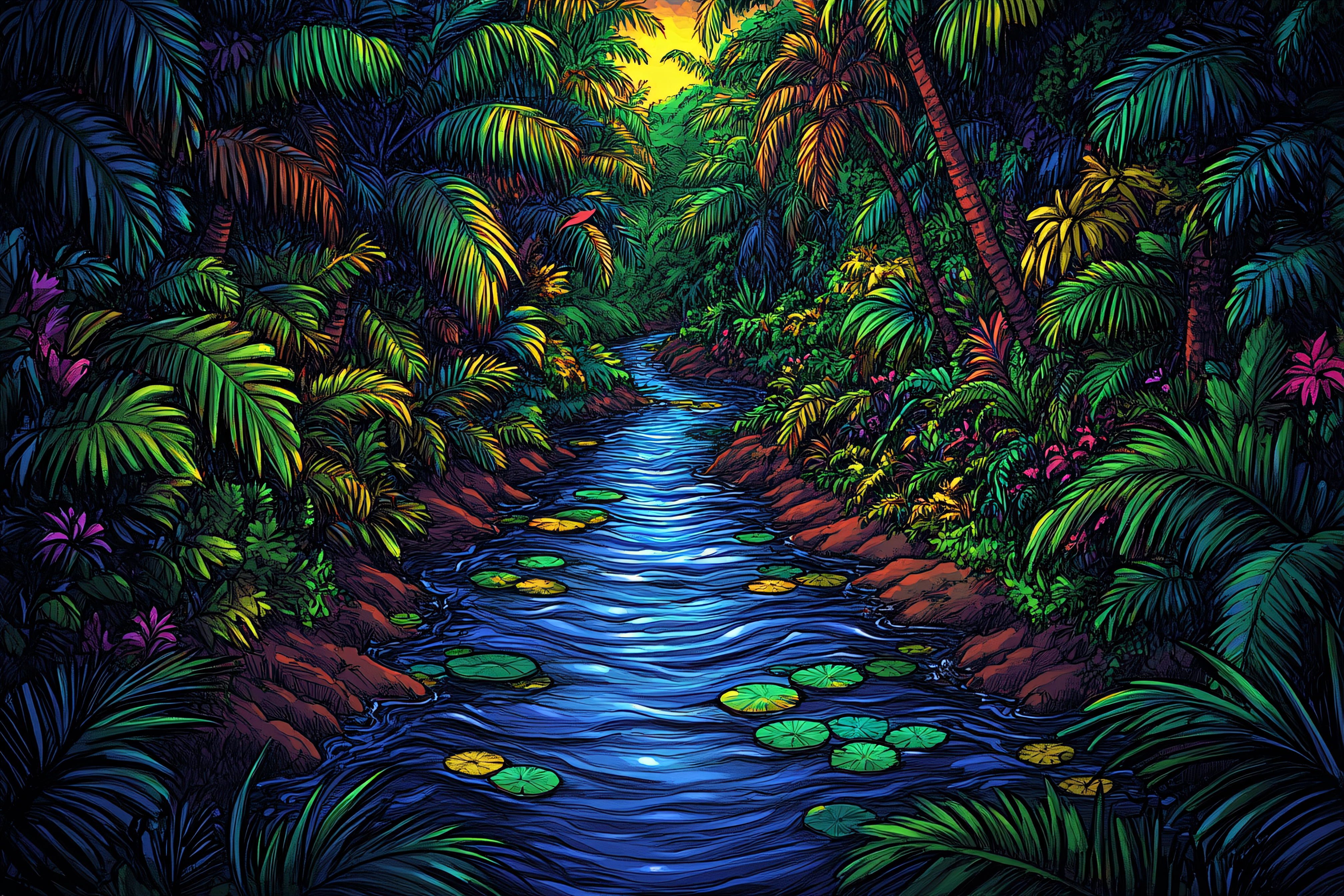 Tropical Jungle River Scene