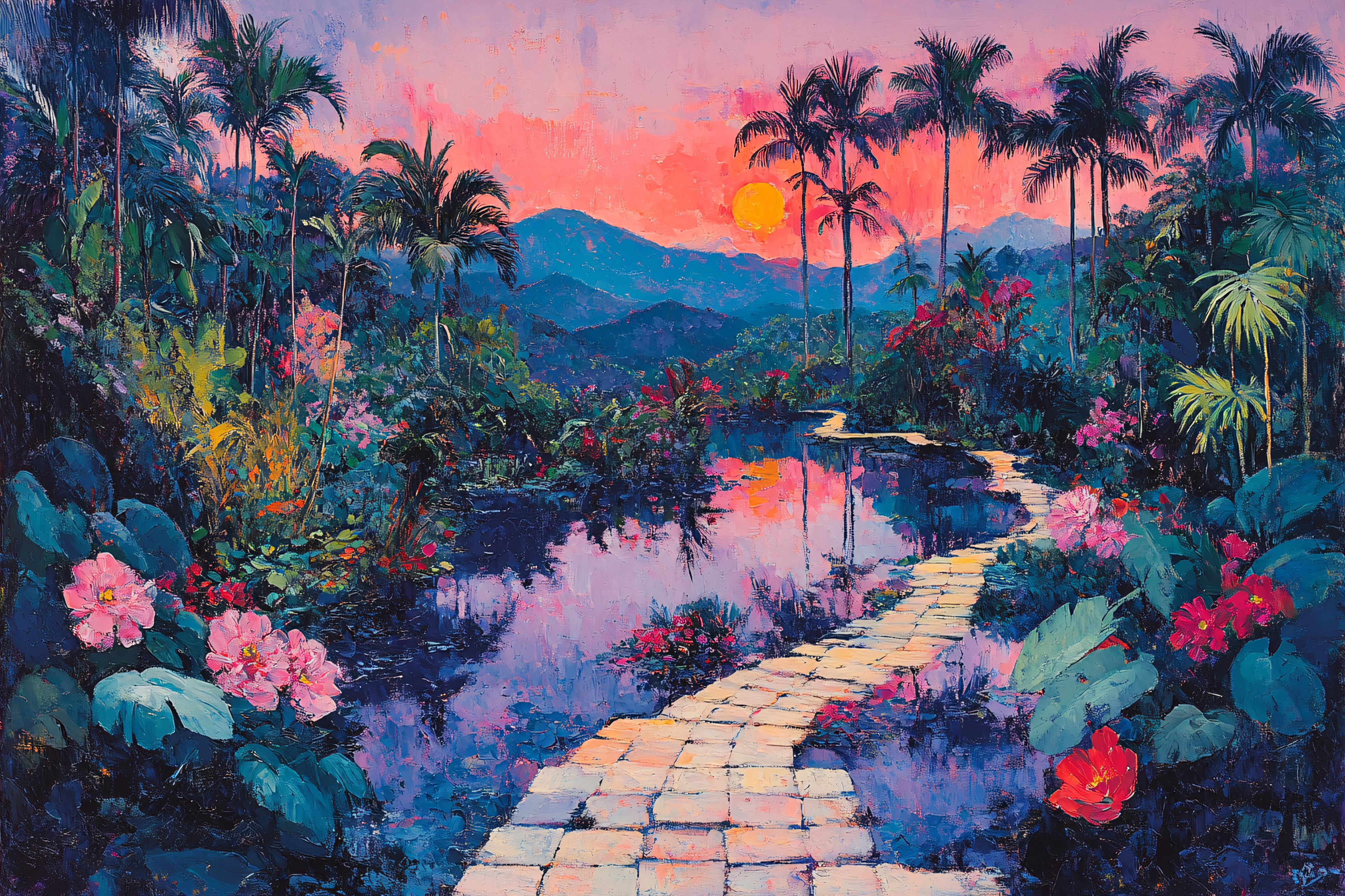 Tropical Lagoon Sunset Painting