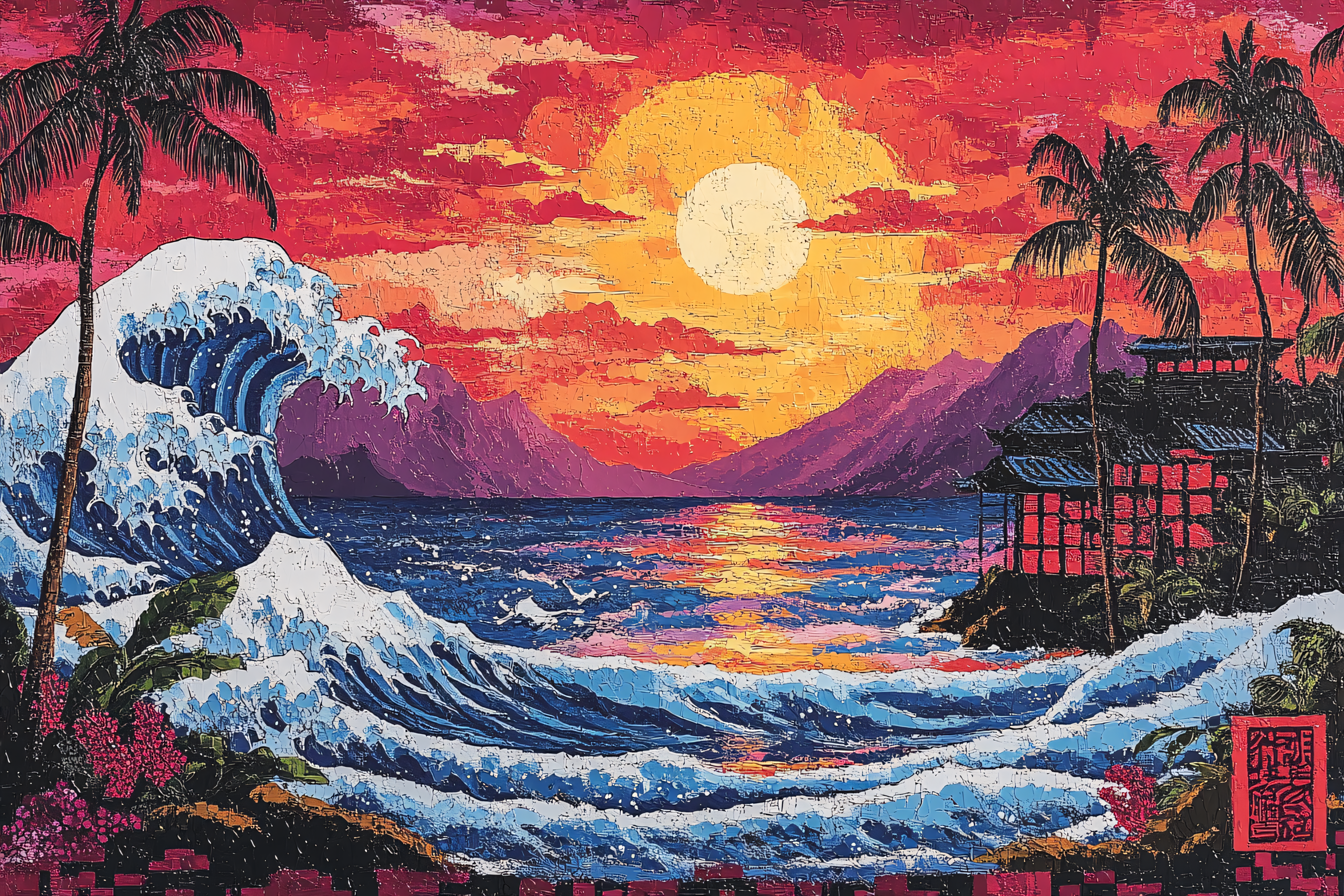 Tropical Sunset Seascape with Wave