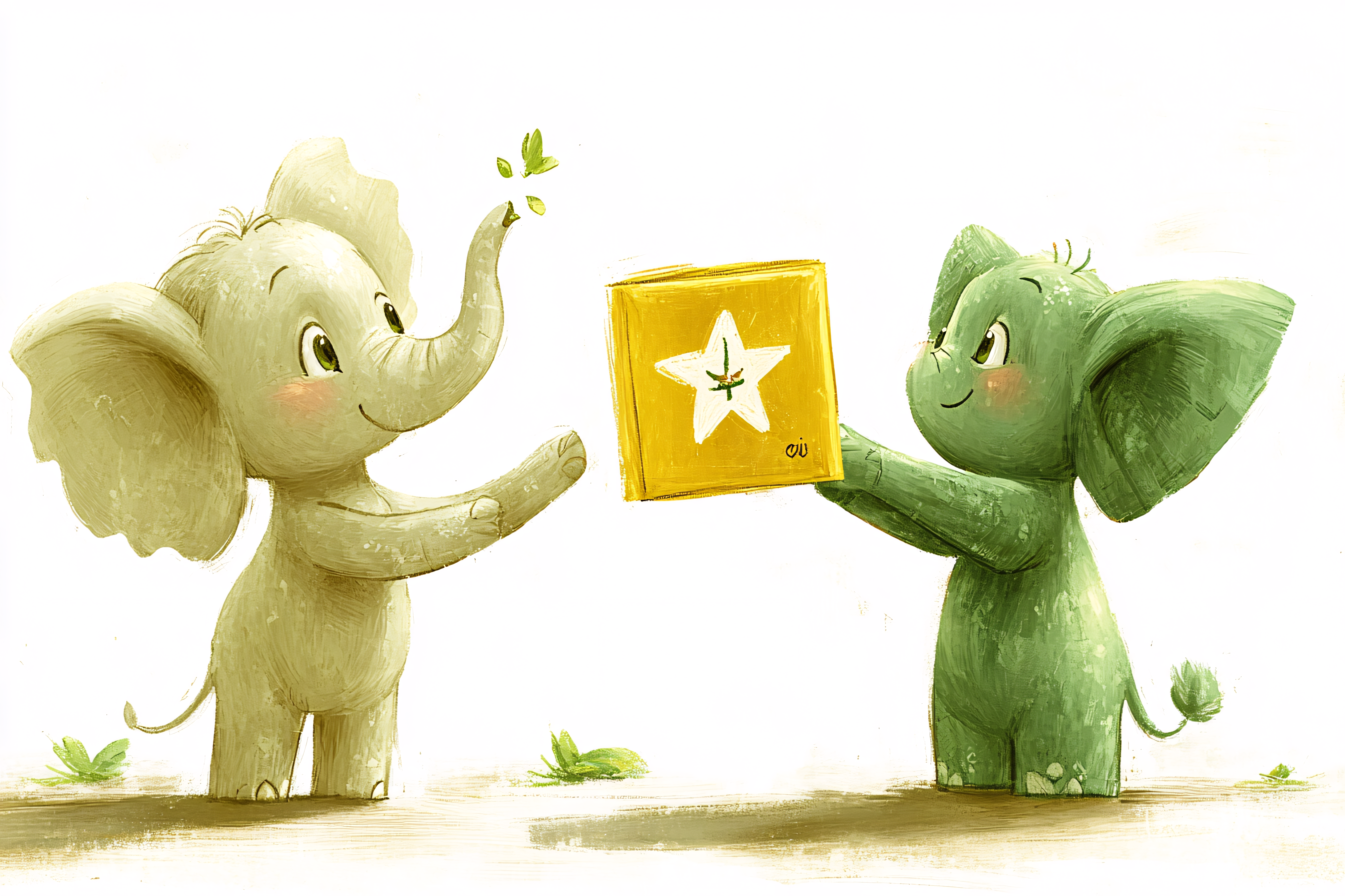 Two Baby Elephants Sharing a Gift