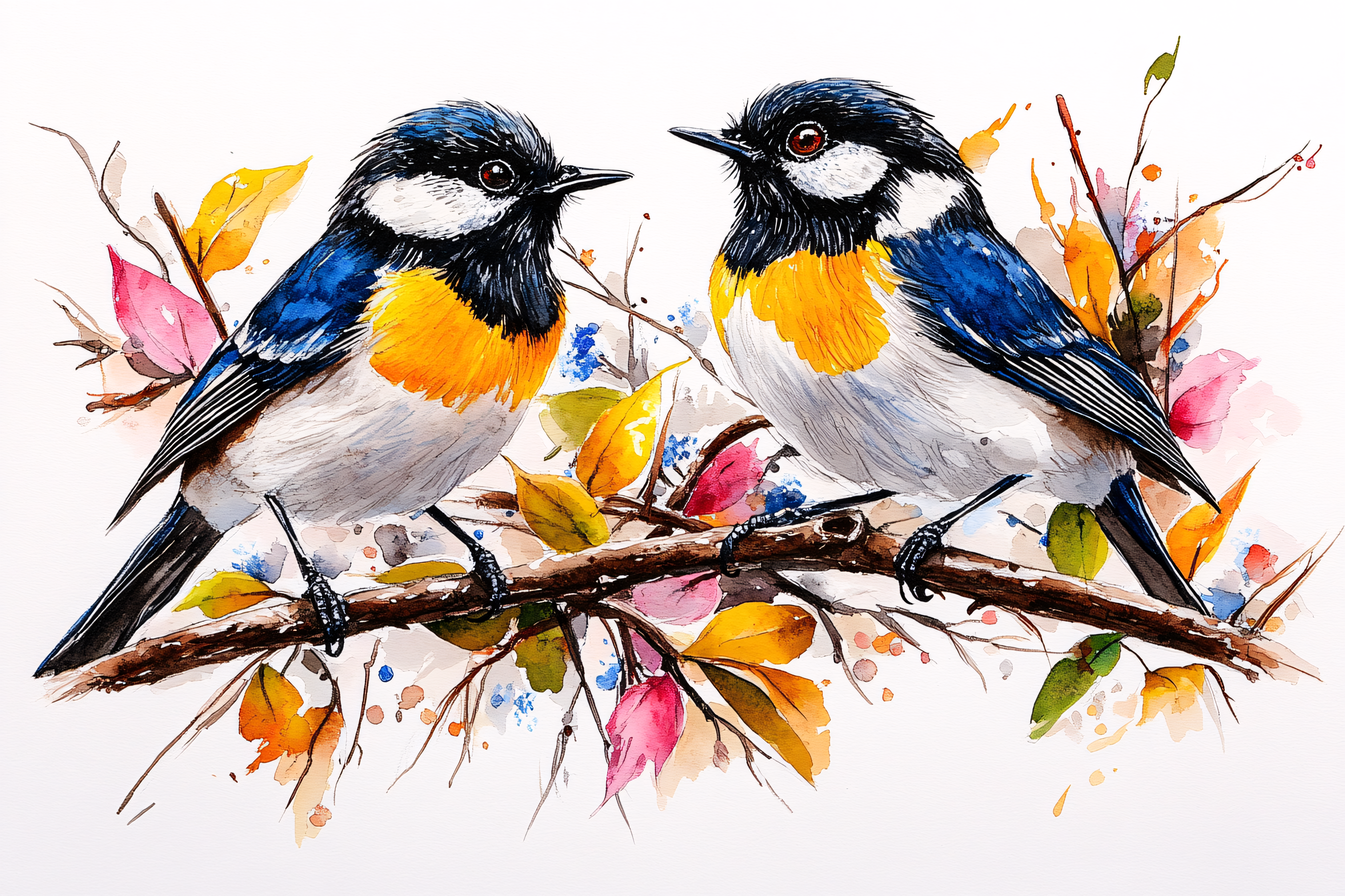 Two Birds On Branch Watercolor