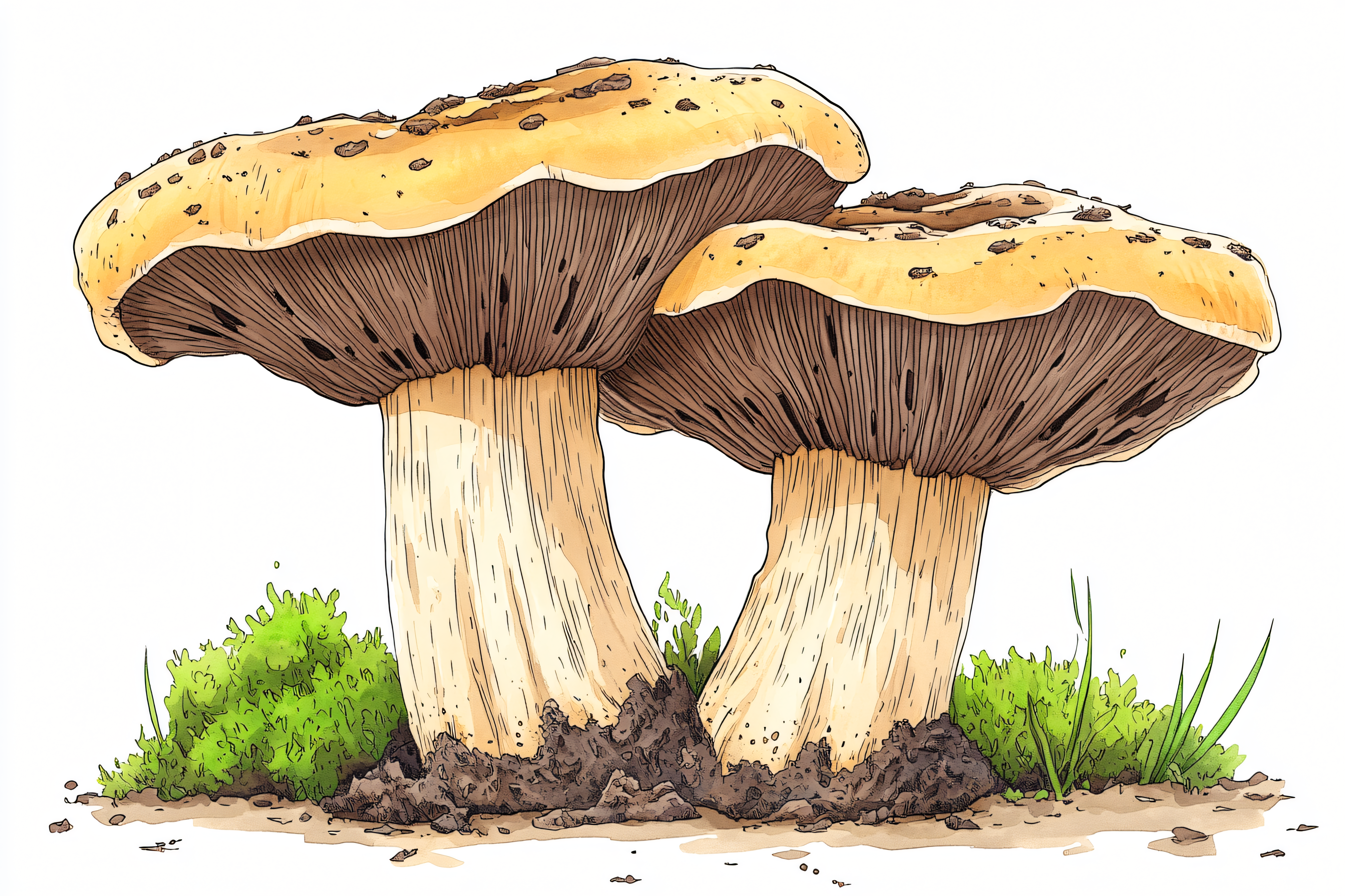 Two Brown Mushrooms with Moss