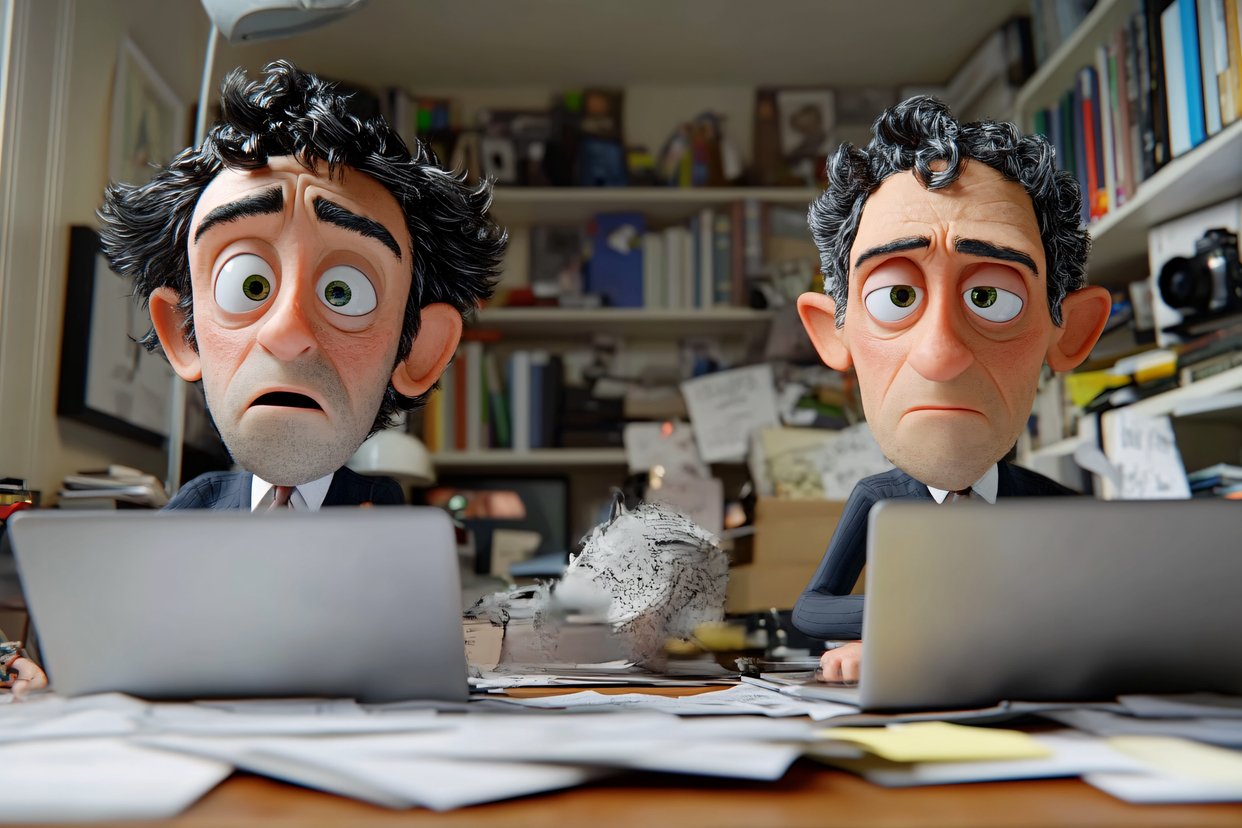 Two Cartoon Office Workers at Desks