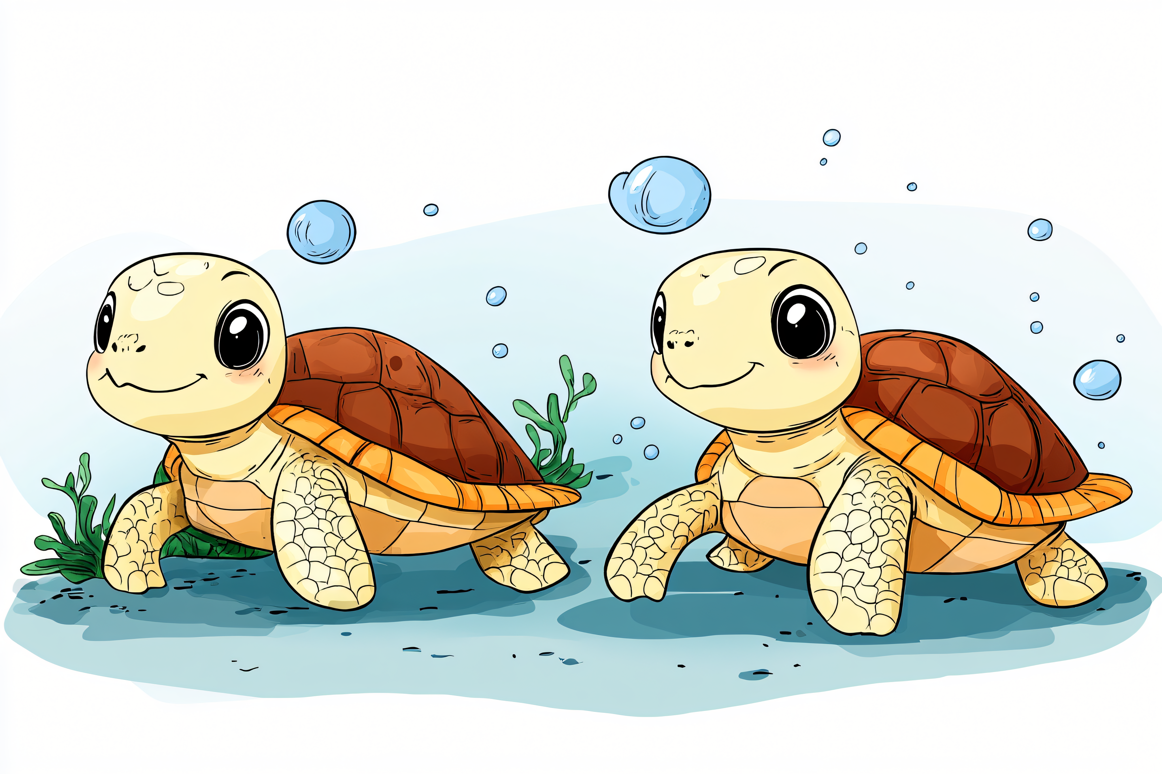 Two Cartoon Turtles Underwater