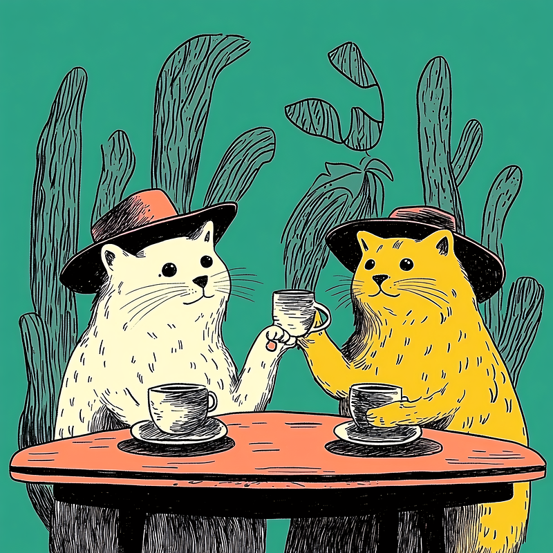Two Cats Enjoying Coffee