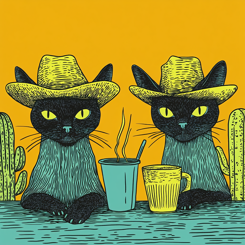 Two Cowboy Cats Drinking Coffee