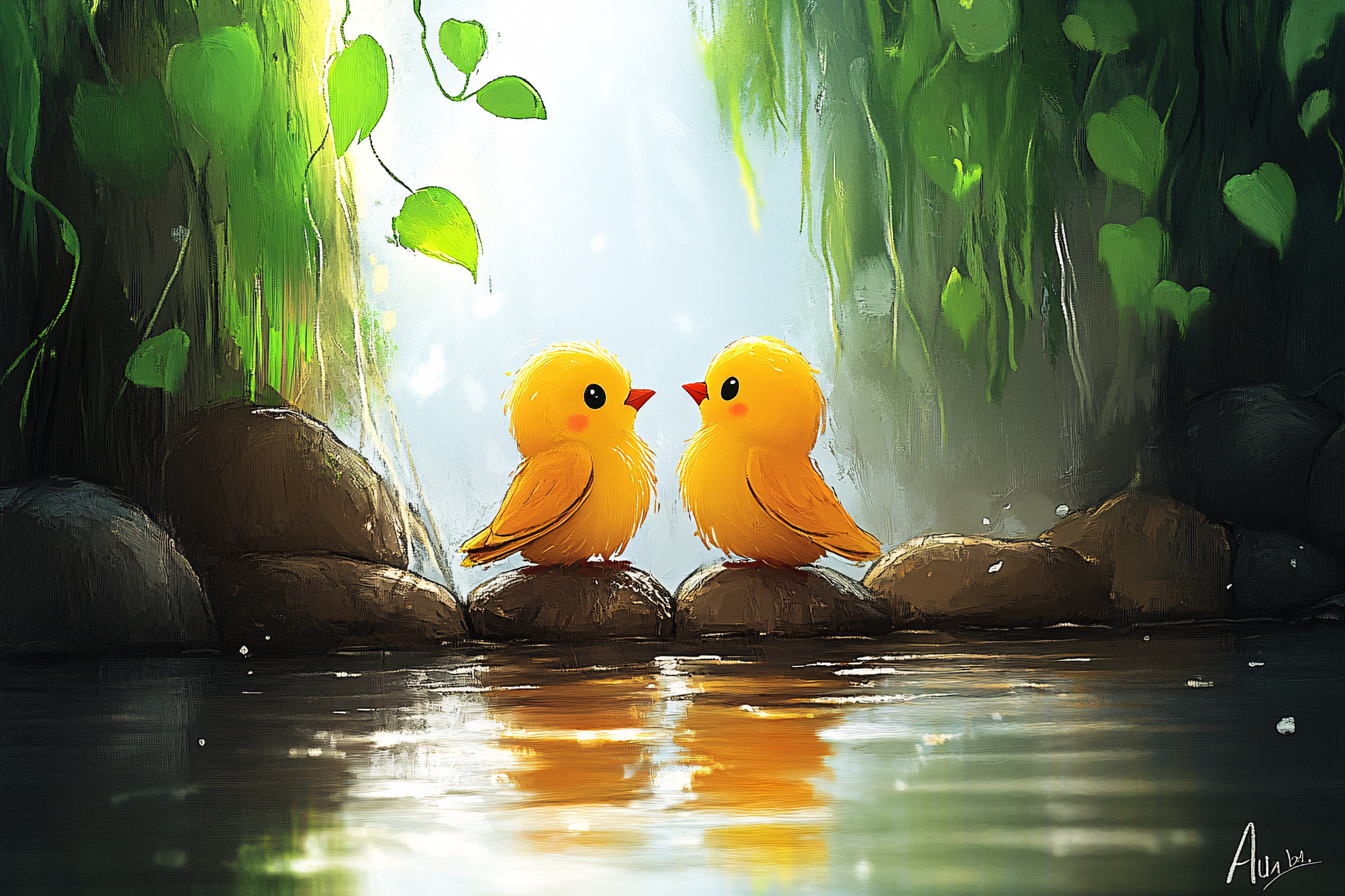 Two Cute Birds on River Rocks