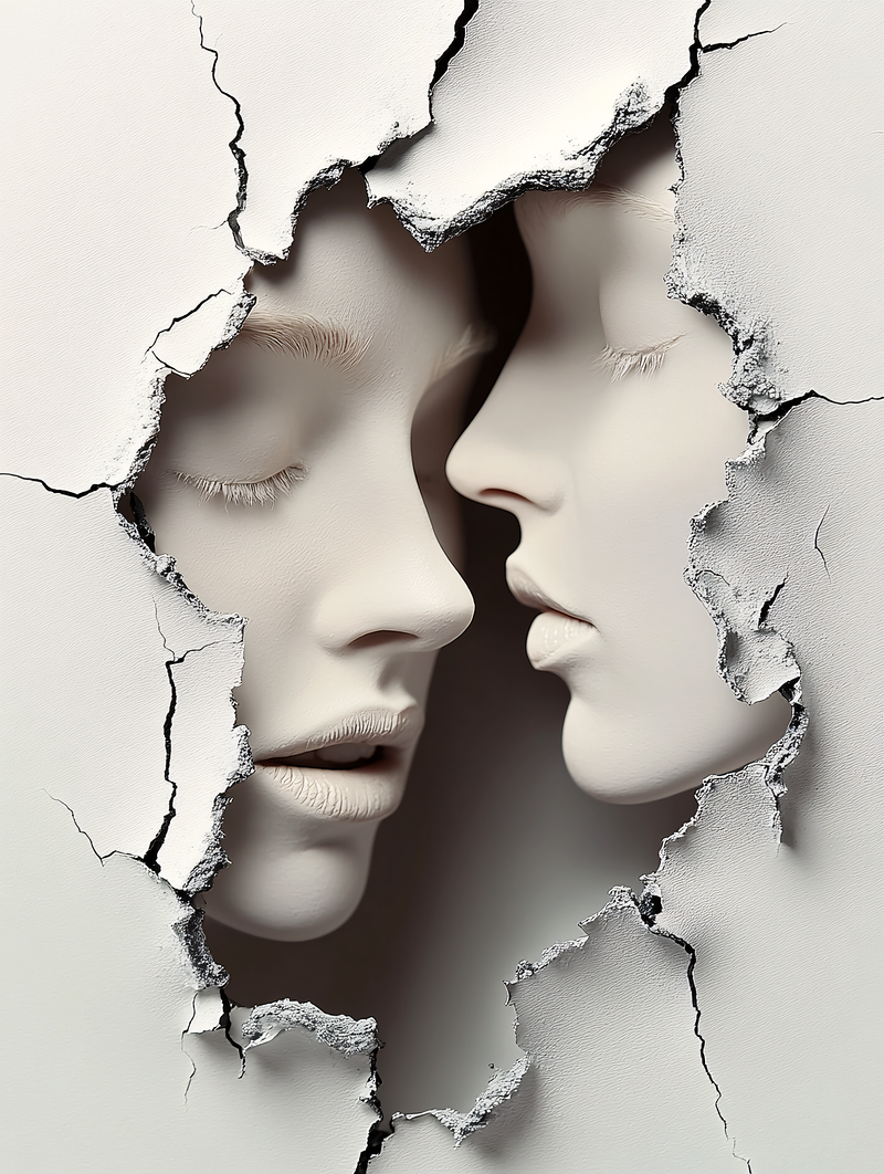 Two Faces Through Cracked Wall