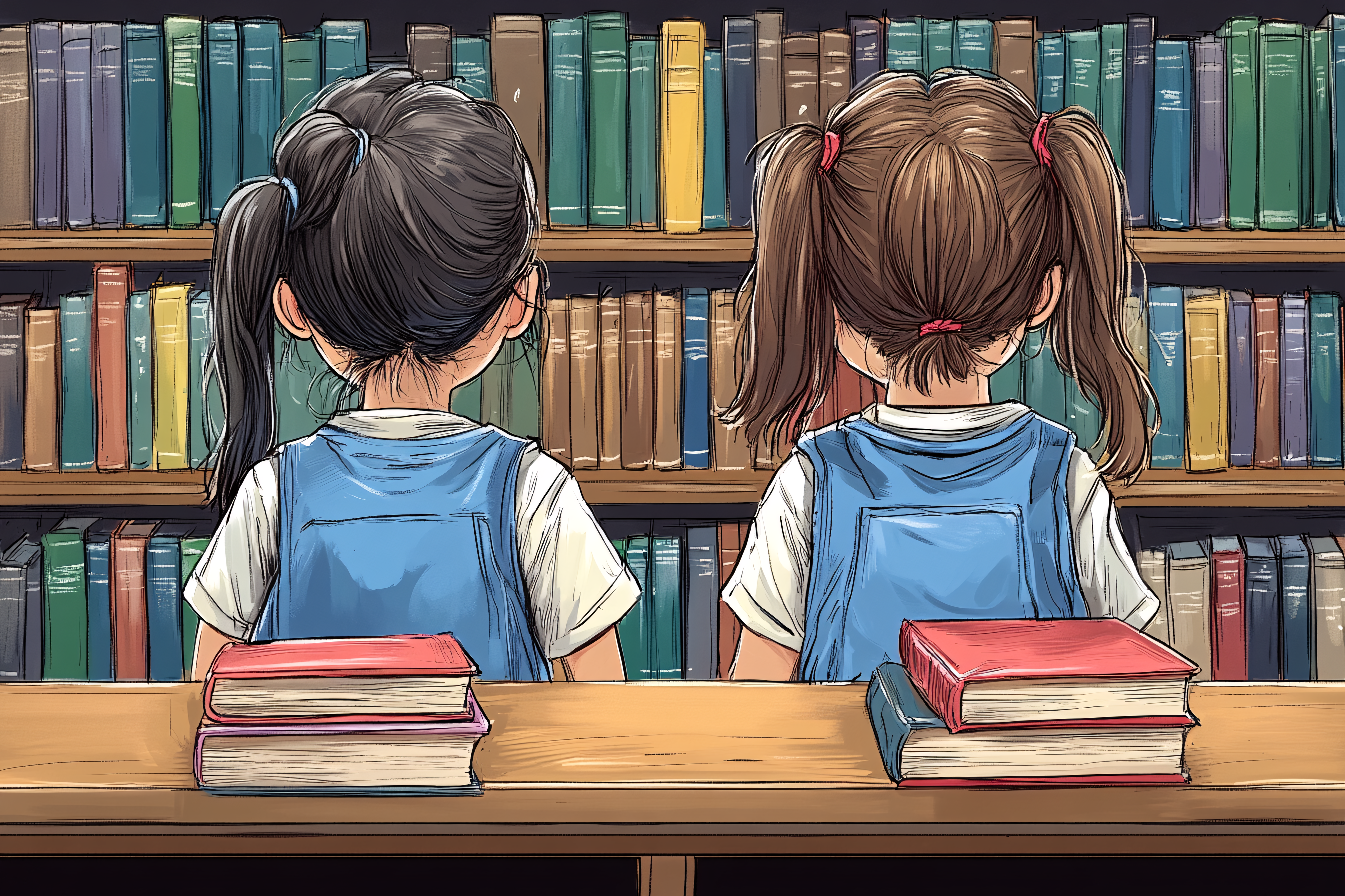 Two Girls Reading Books In Library