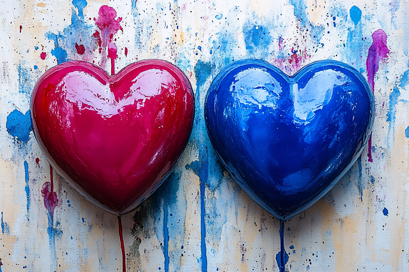 Two Glossy Hearts on Splattered Background