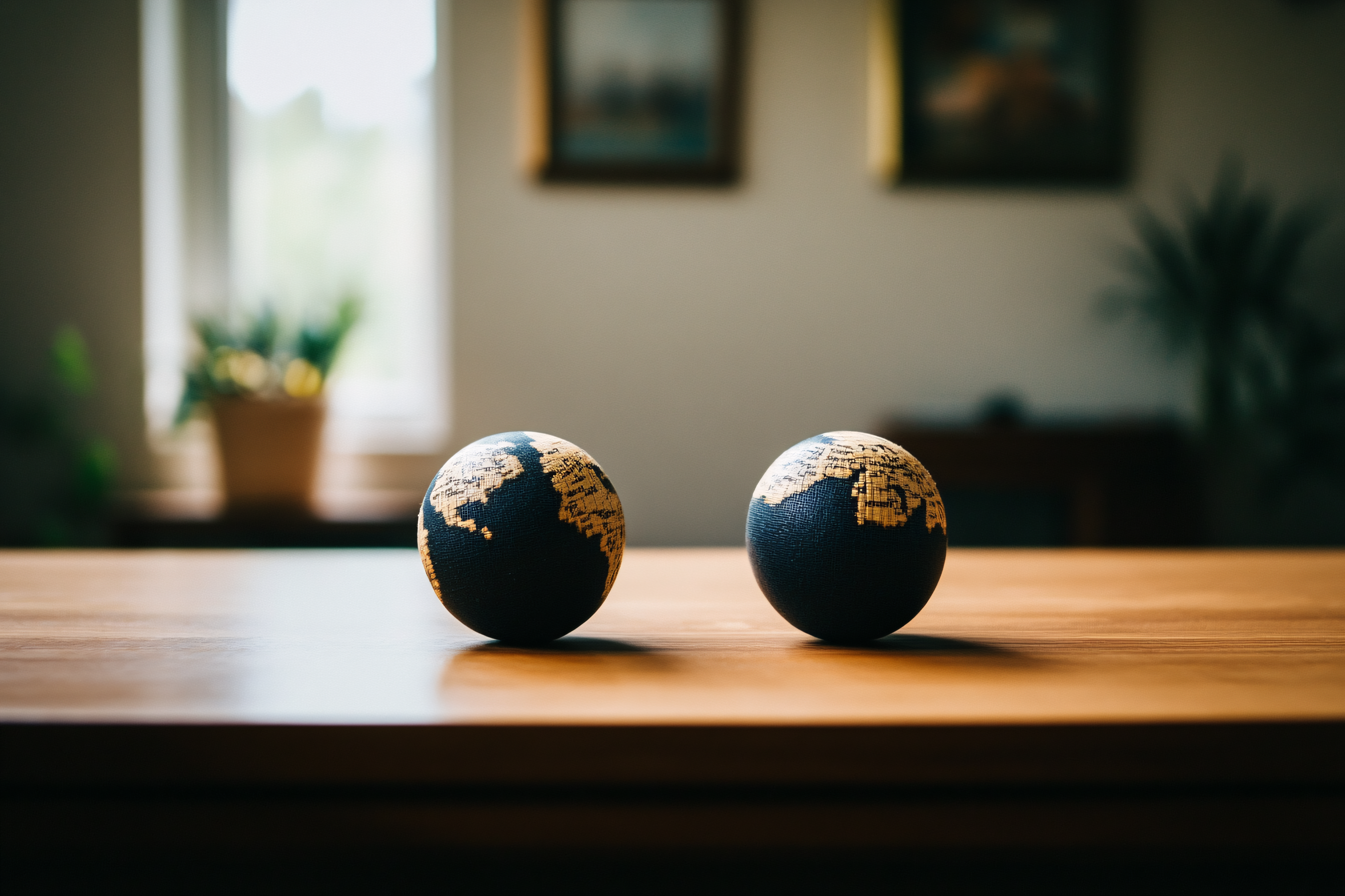 Two Mini Globes on Wooden Table