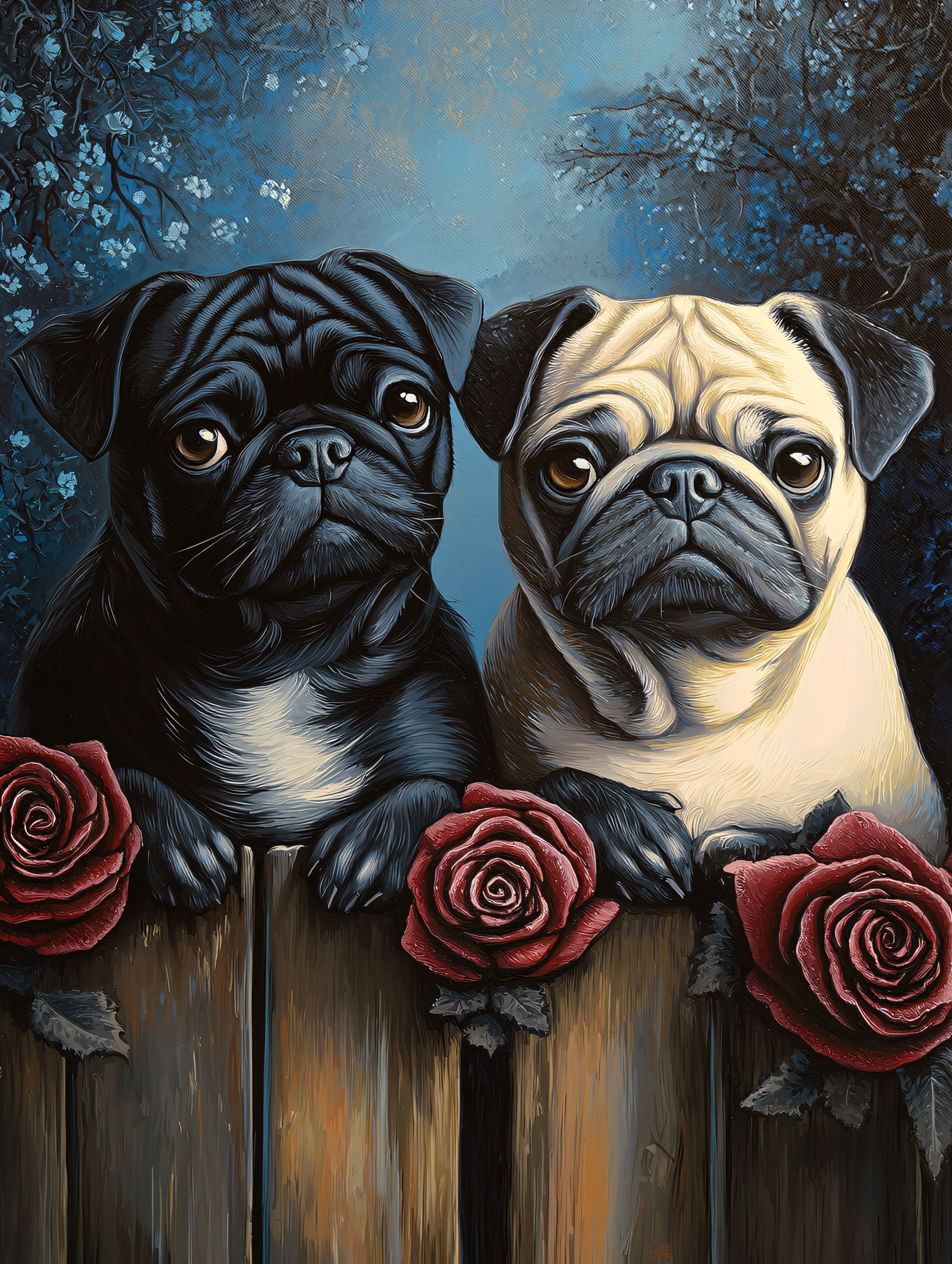 Two Pugs And Roses