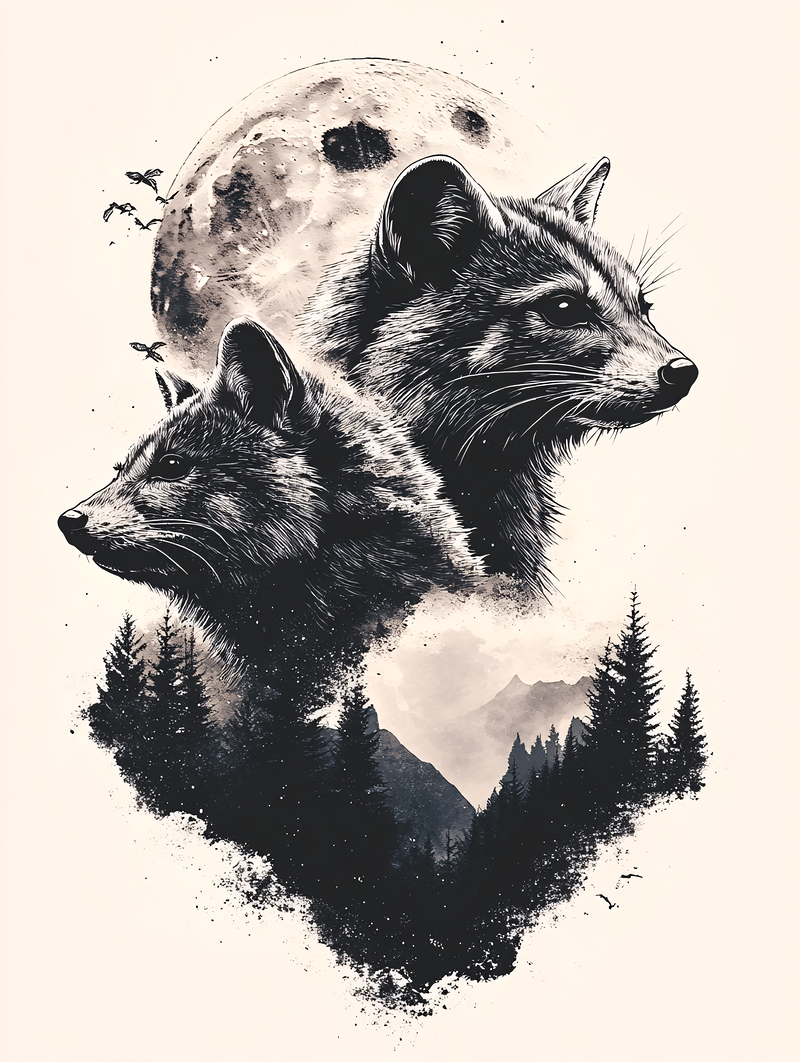 Two Raccoons in Misty Mountain Landscape