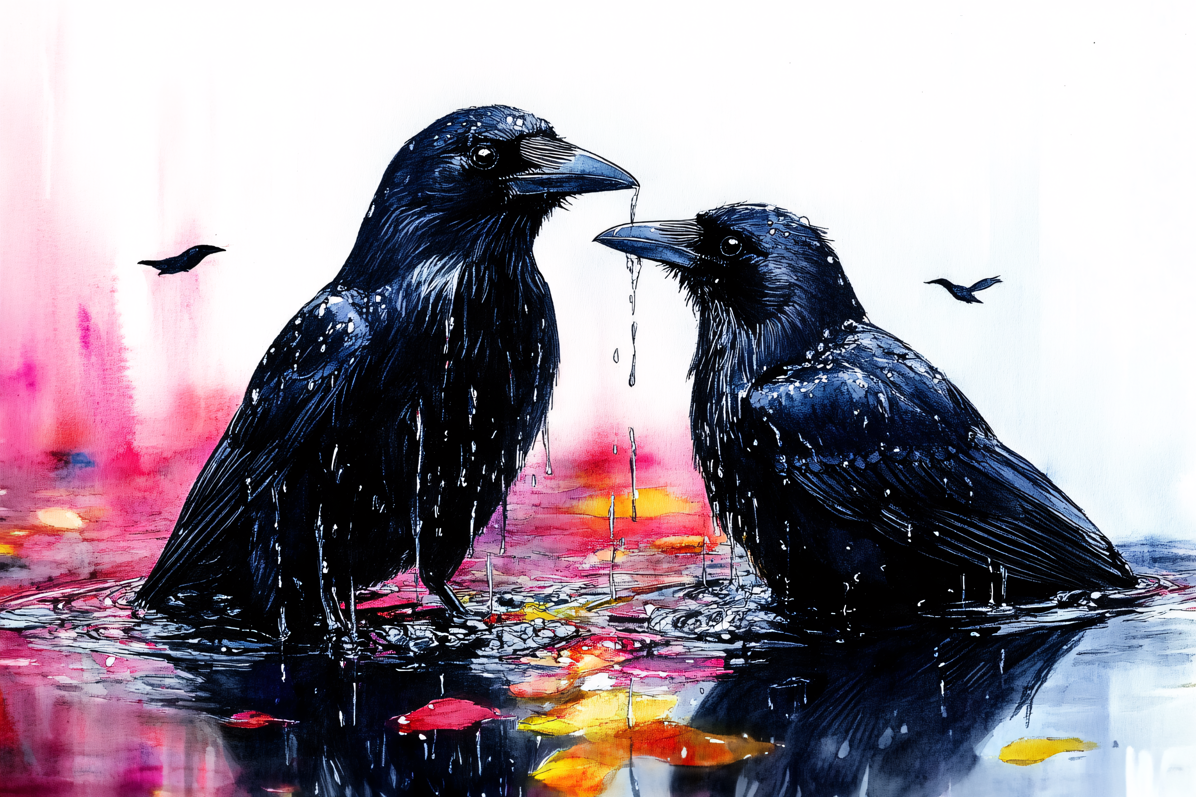 Two Ravens in Rainy Puddle