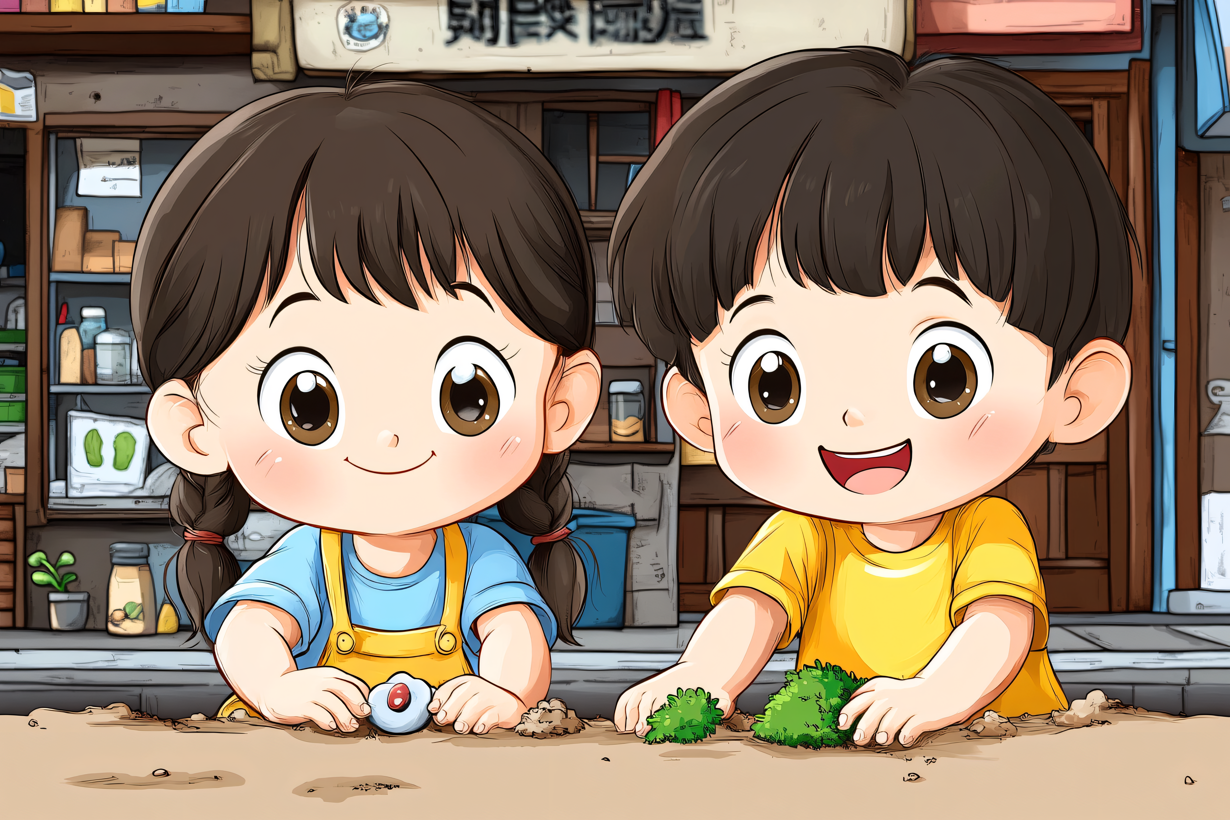 Two Smiling Children Playing in a Garden