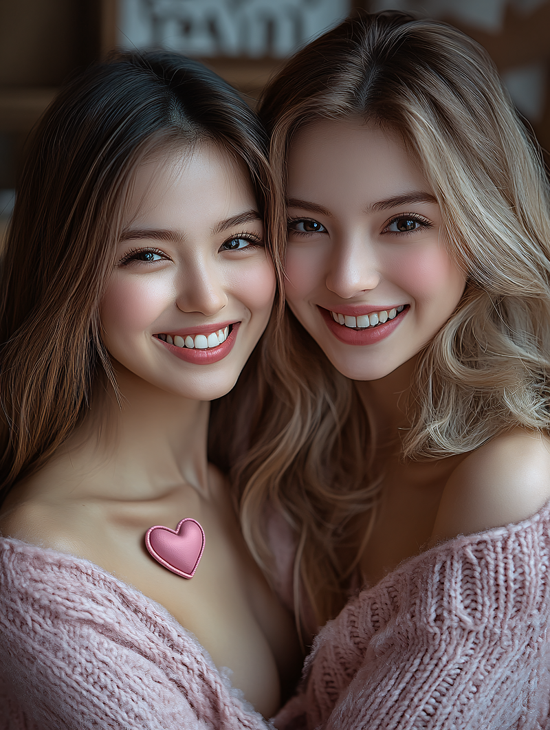 Two Smiling Women with a Pink Heart