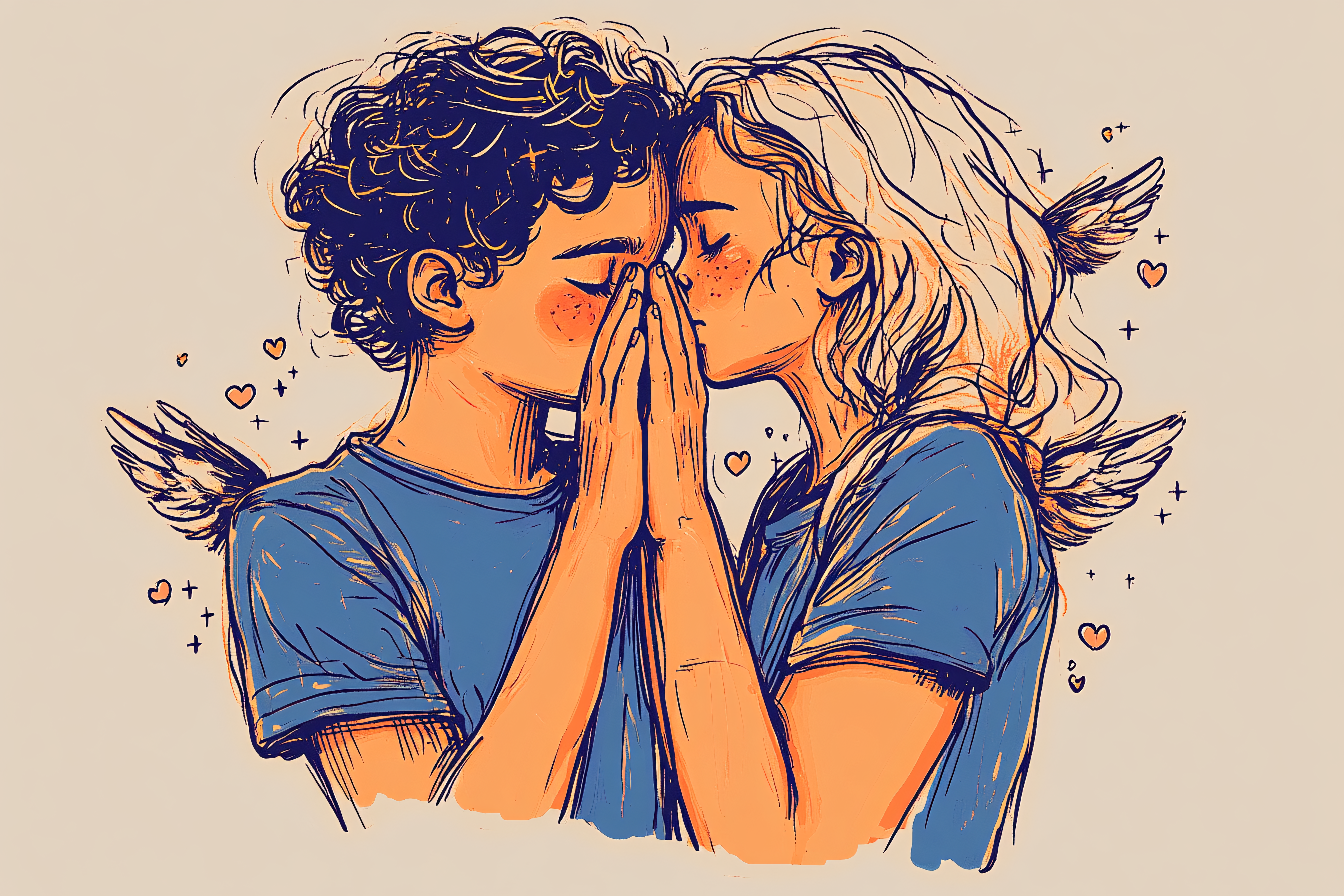 Two Souls Kissing with Wings