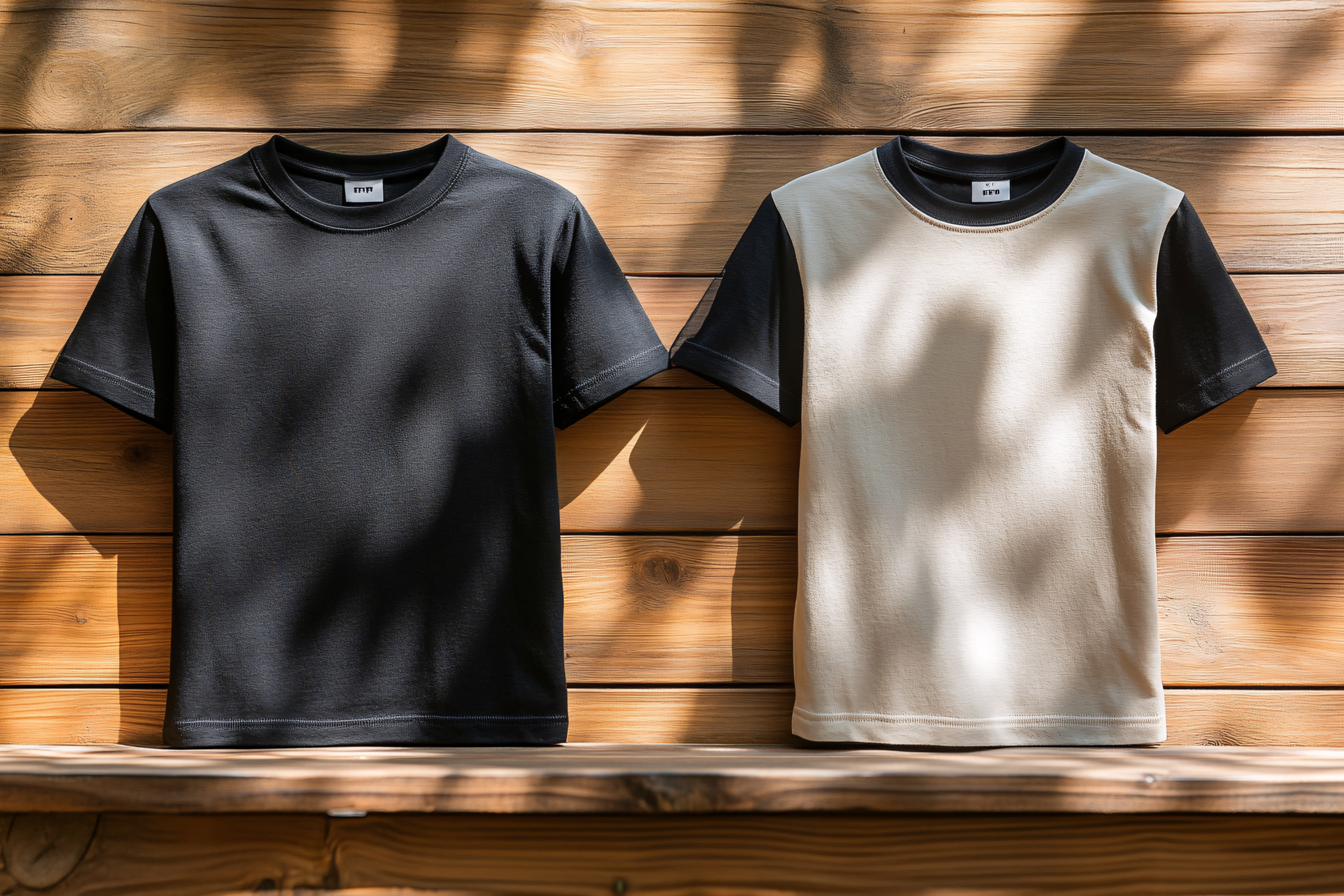Two T-Shirts Mockup on Wooden Background