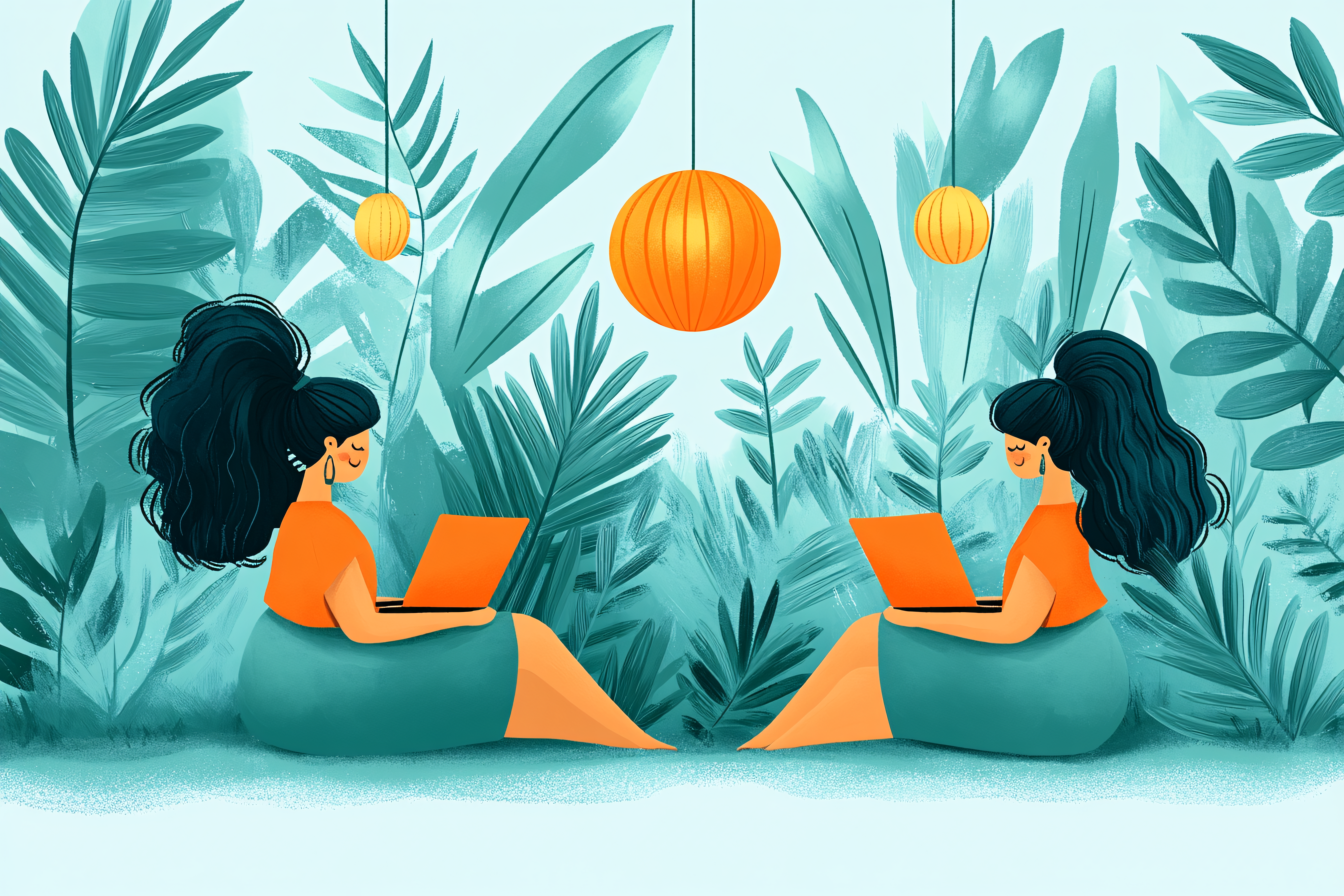 Two Women Working Remotely In Tropical Setting