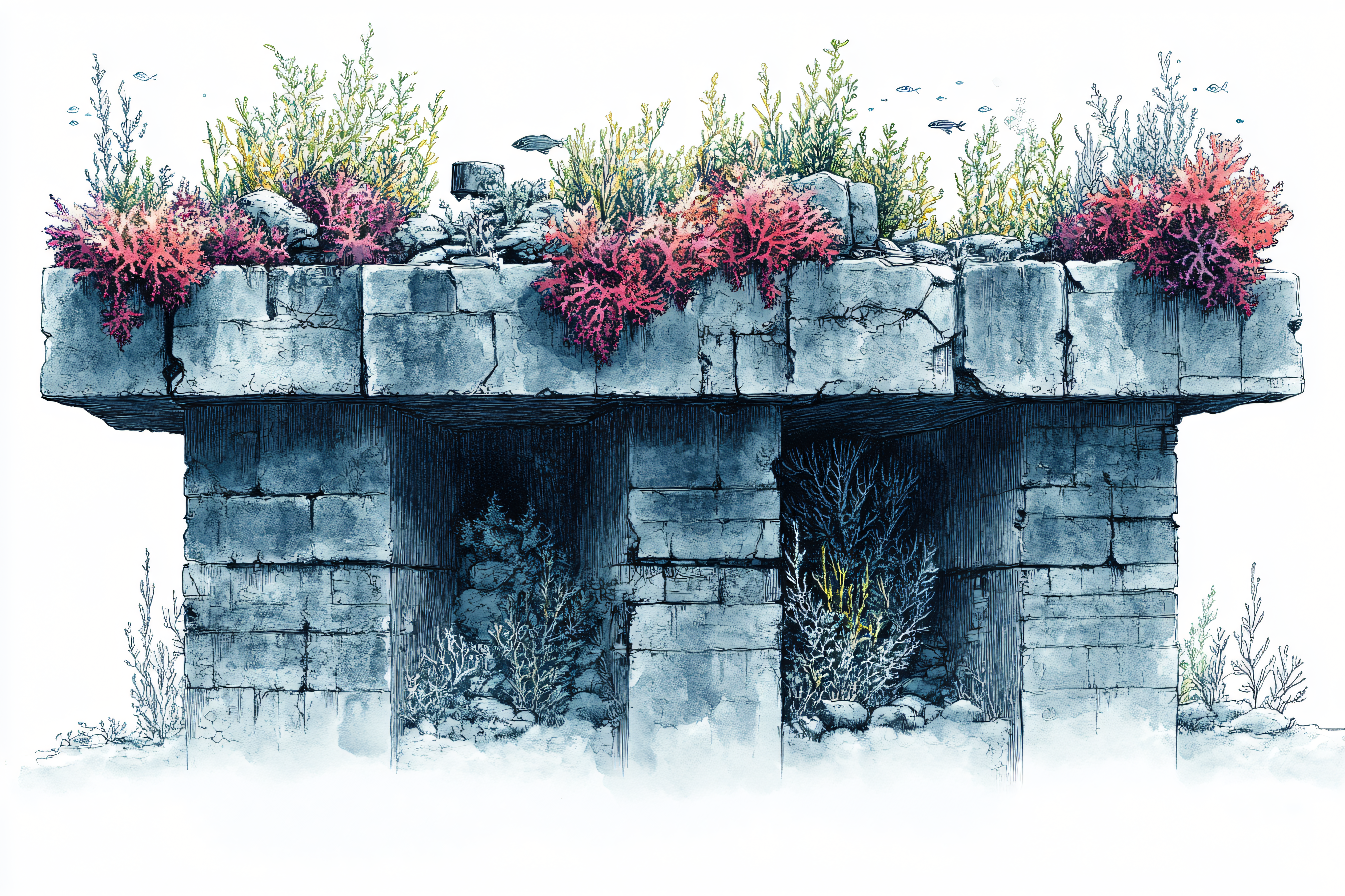 Underwater Stone Ruin with Coral and Seaweed
