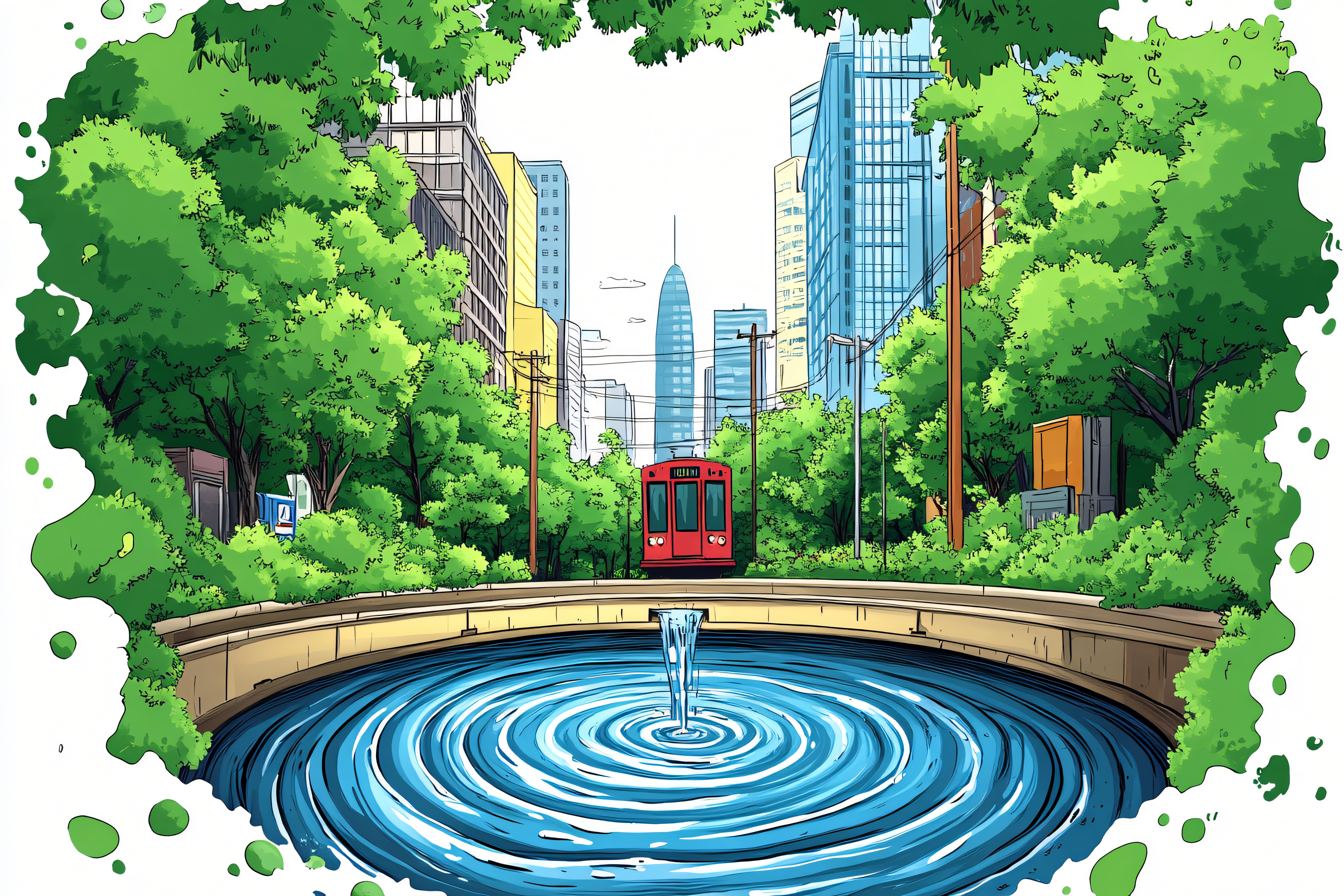 Urban Park Fountain and Tram