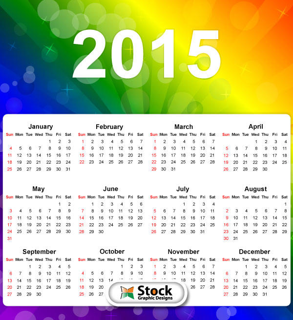 Vector 2015 Calendar on Rainbow Colors Background