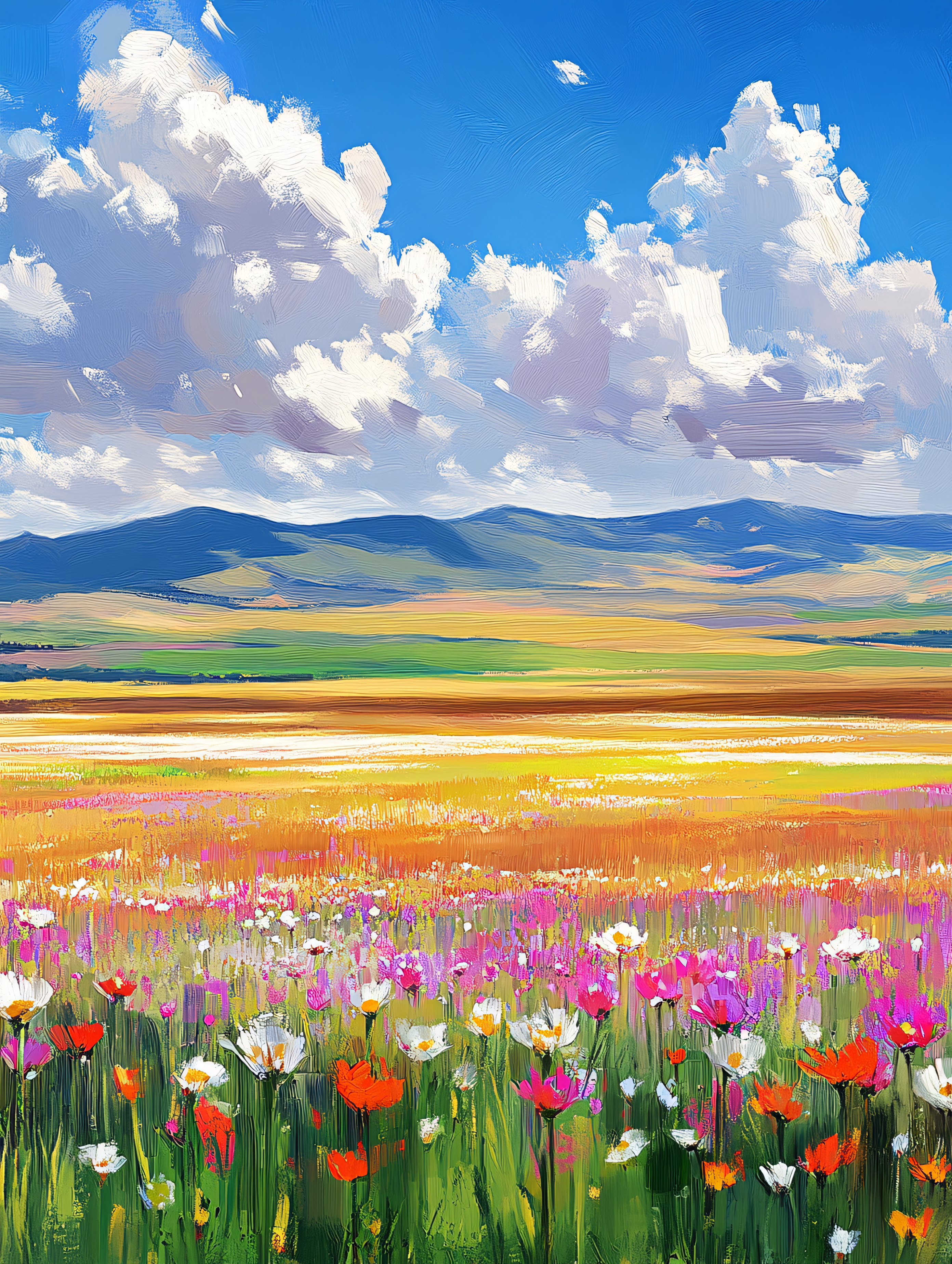 Vibrant Flower Field with Mountain Backdrop