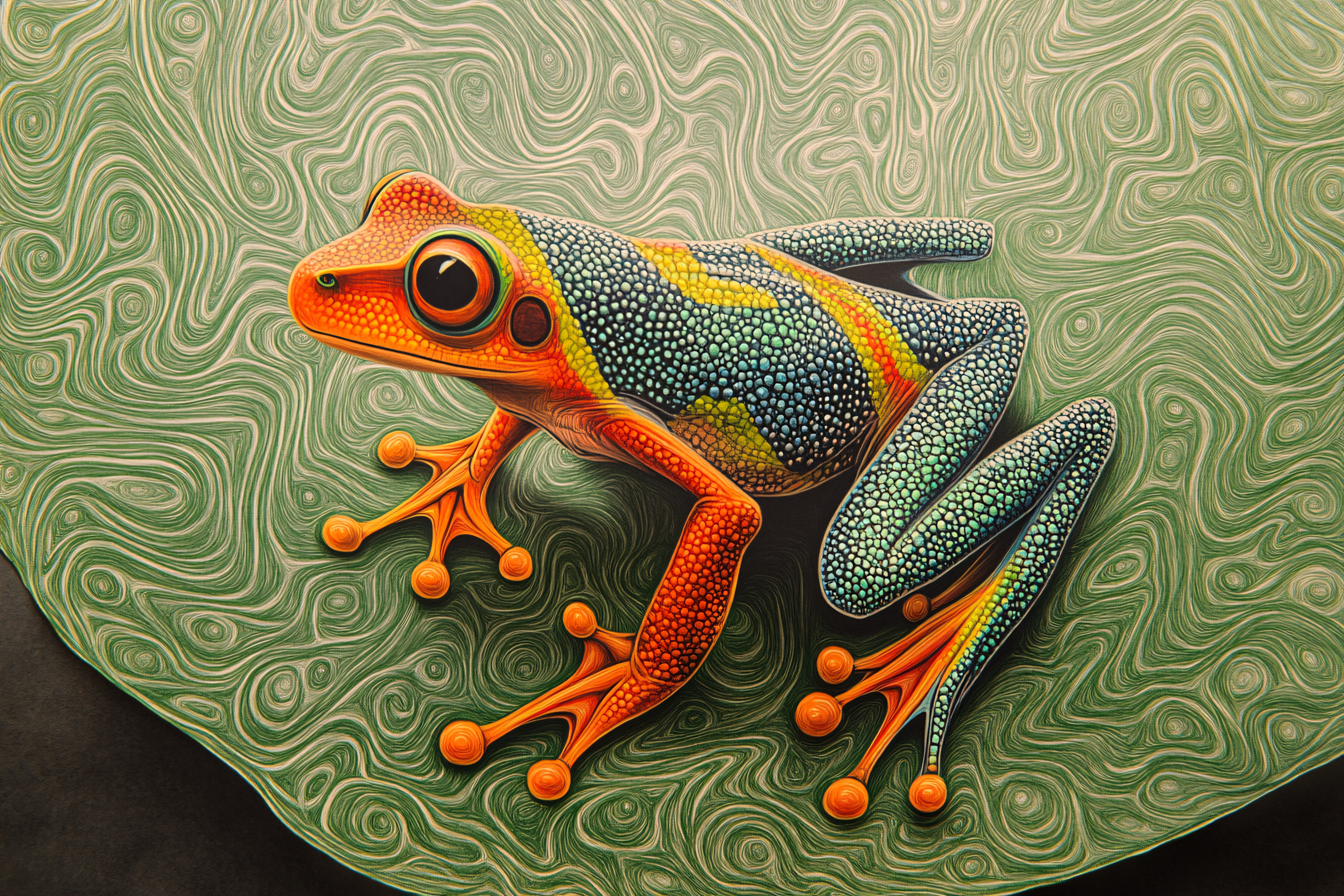 Vibrant Frog on Swirling Leaf