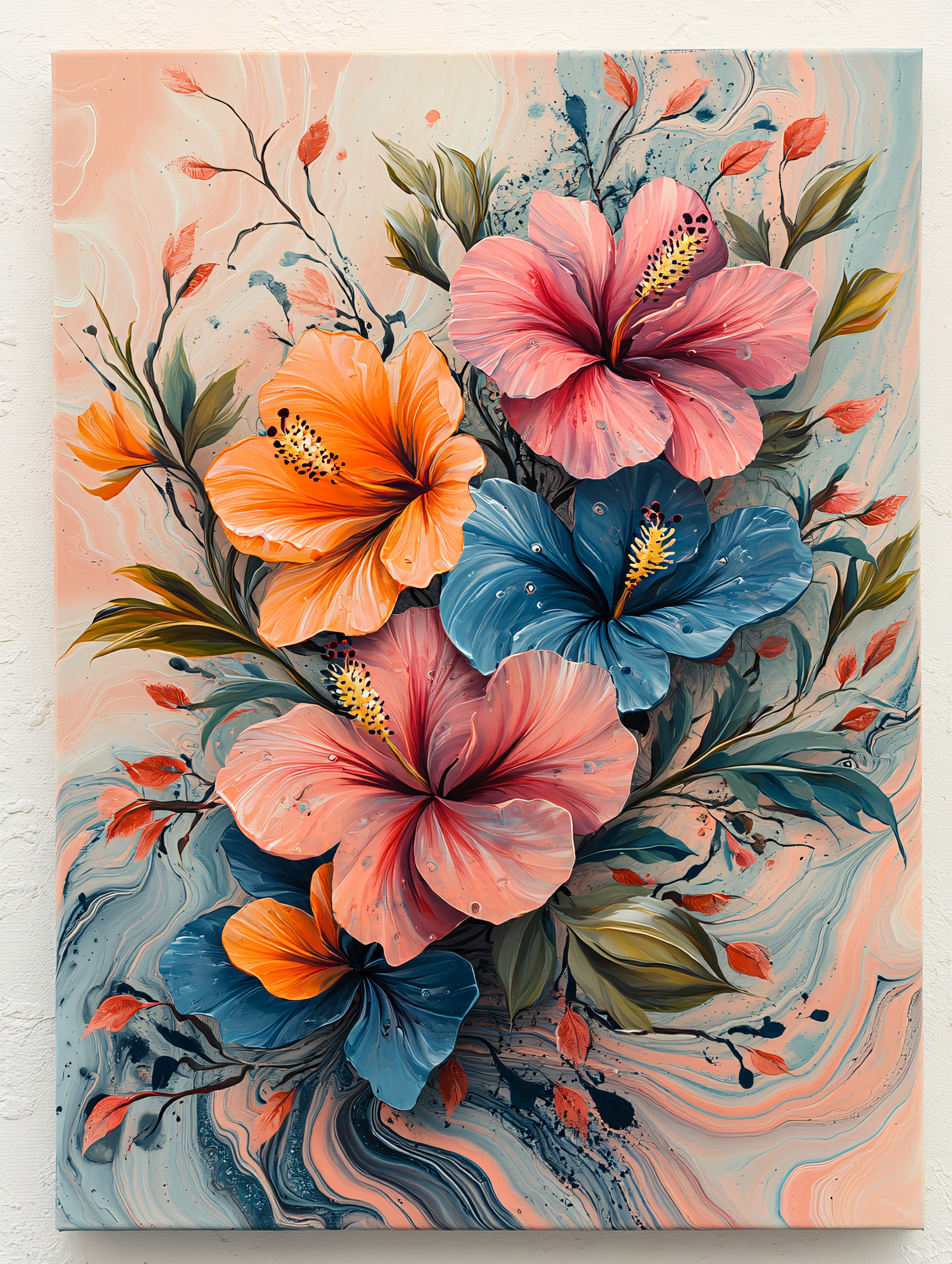 Vibrant Hibiscus Flowers on Fluid Background