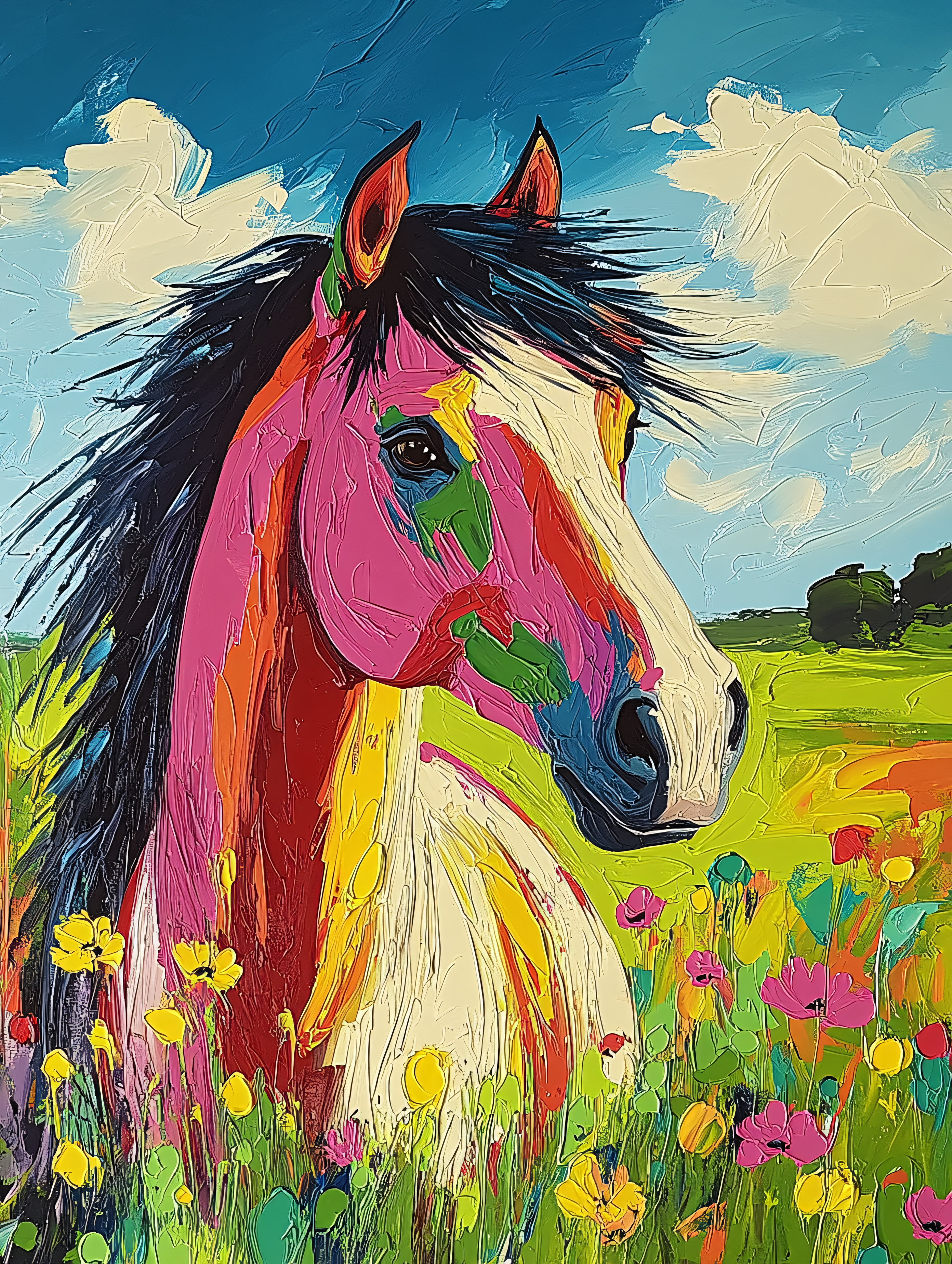Vibrant Horse Portrait in Flower Field