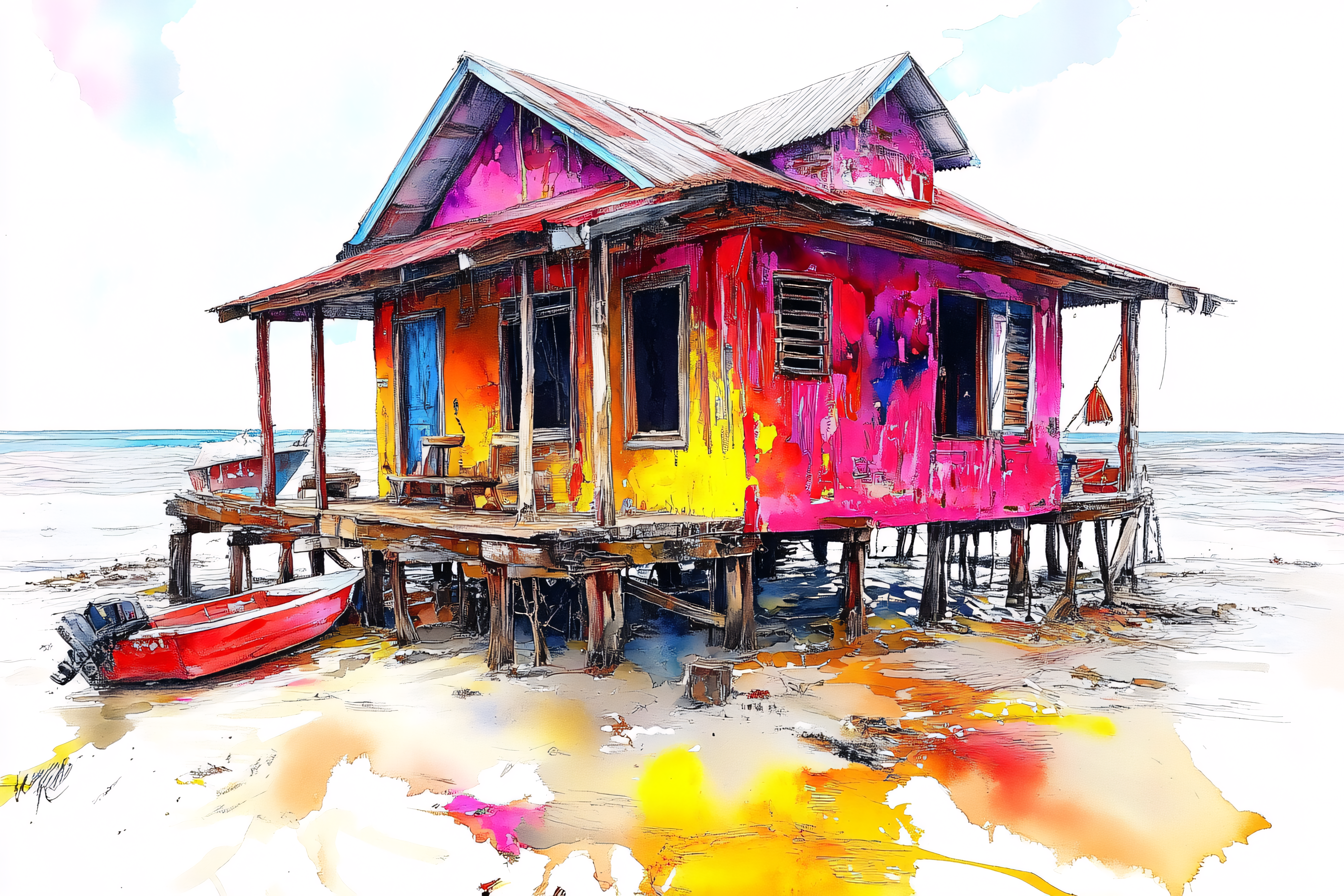 Vibrant Stilt House Watercolor