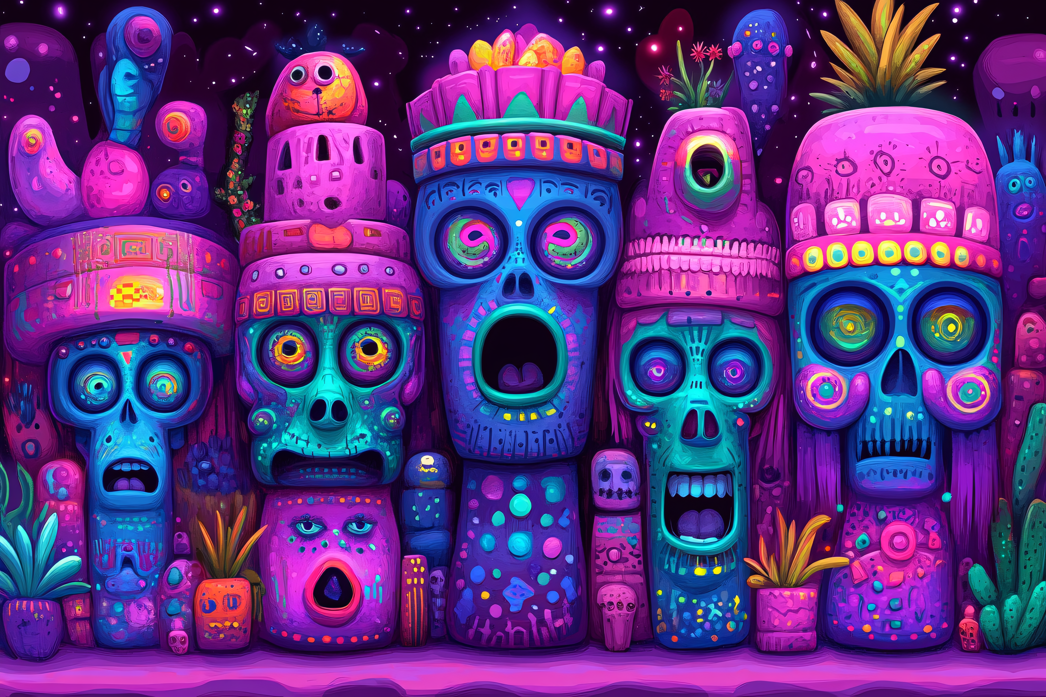 Vibrant Totem Faces in Psychedelic Colors