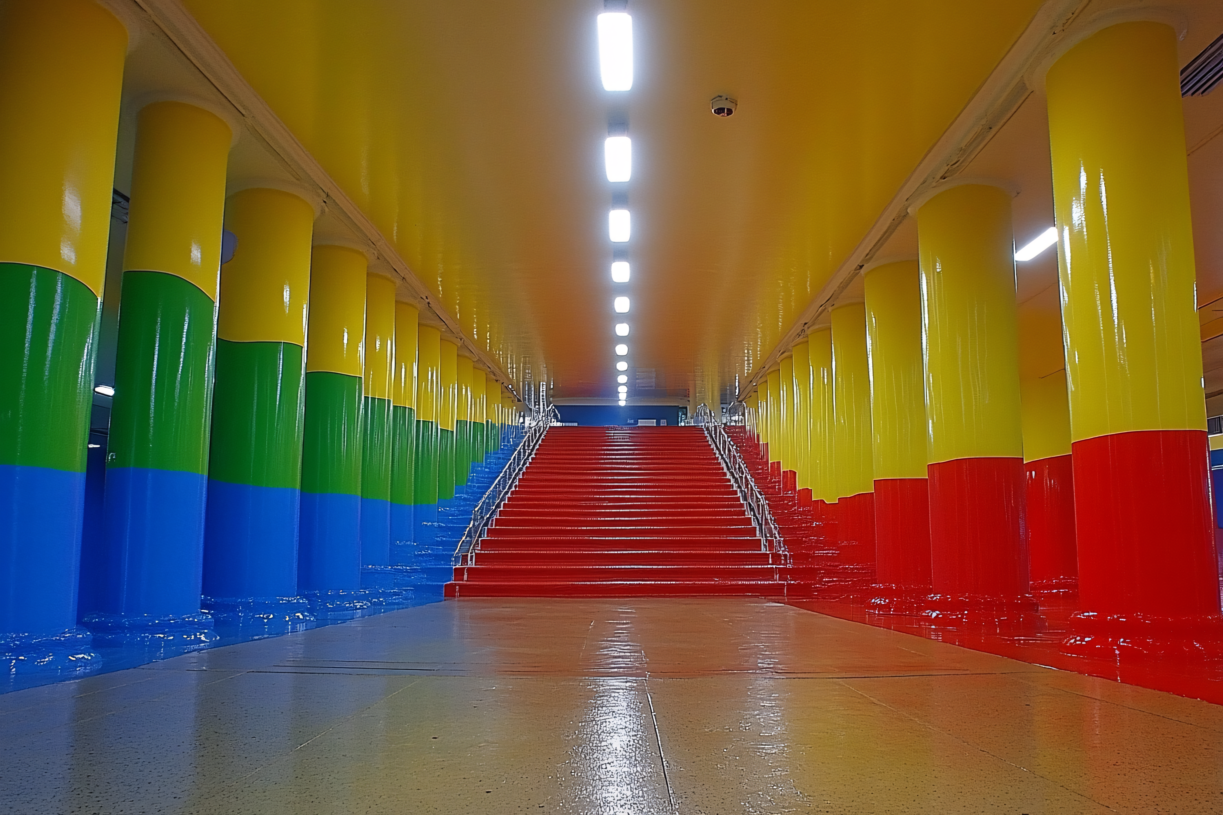 Vibrant Underground Passage with Colorful Pillars and Red Staircase