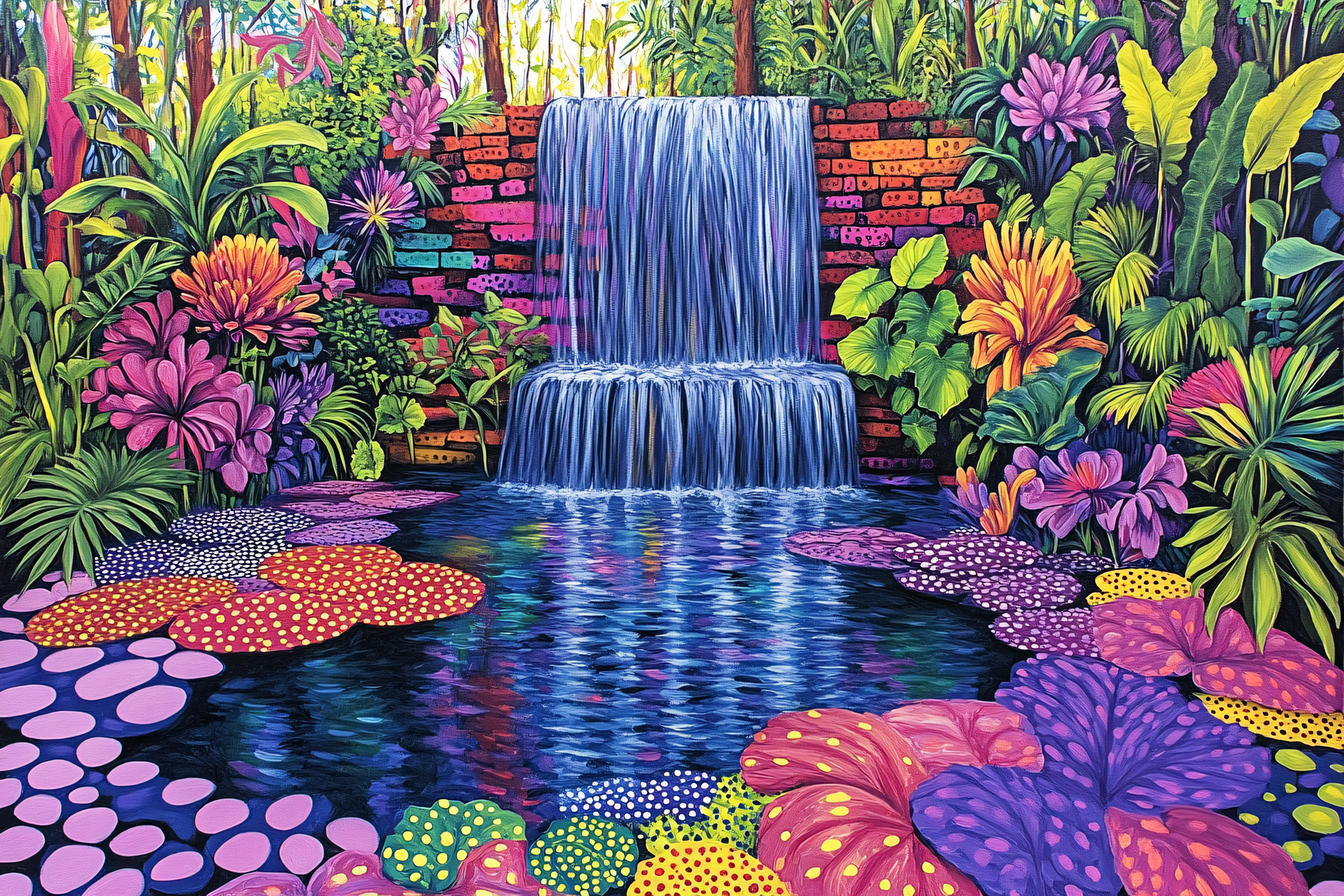 Vibrant Waterfall in Lush Garden