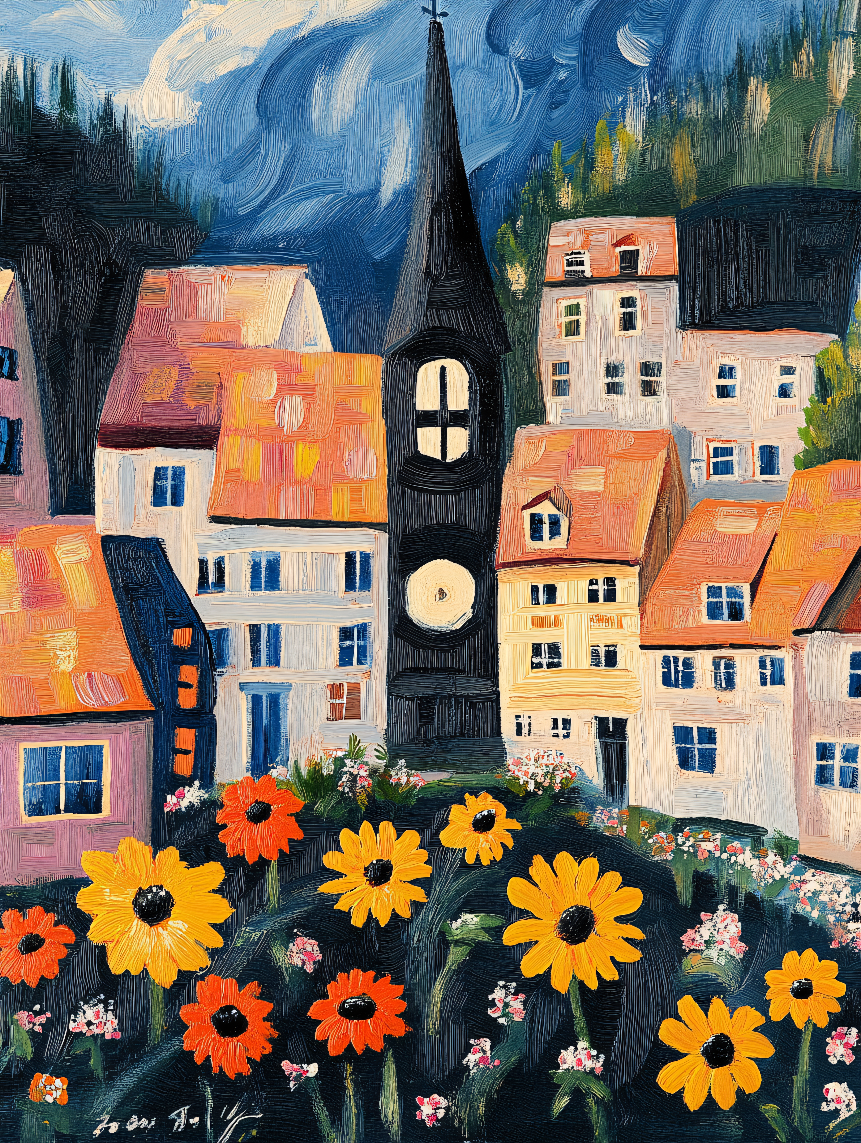 Village Church and Sunflowers Painting