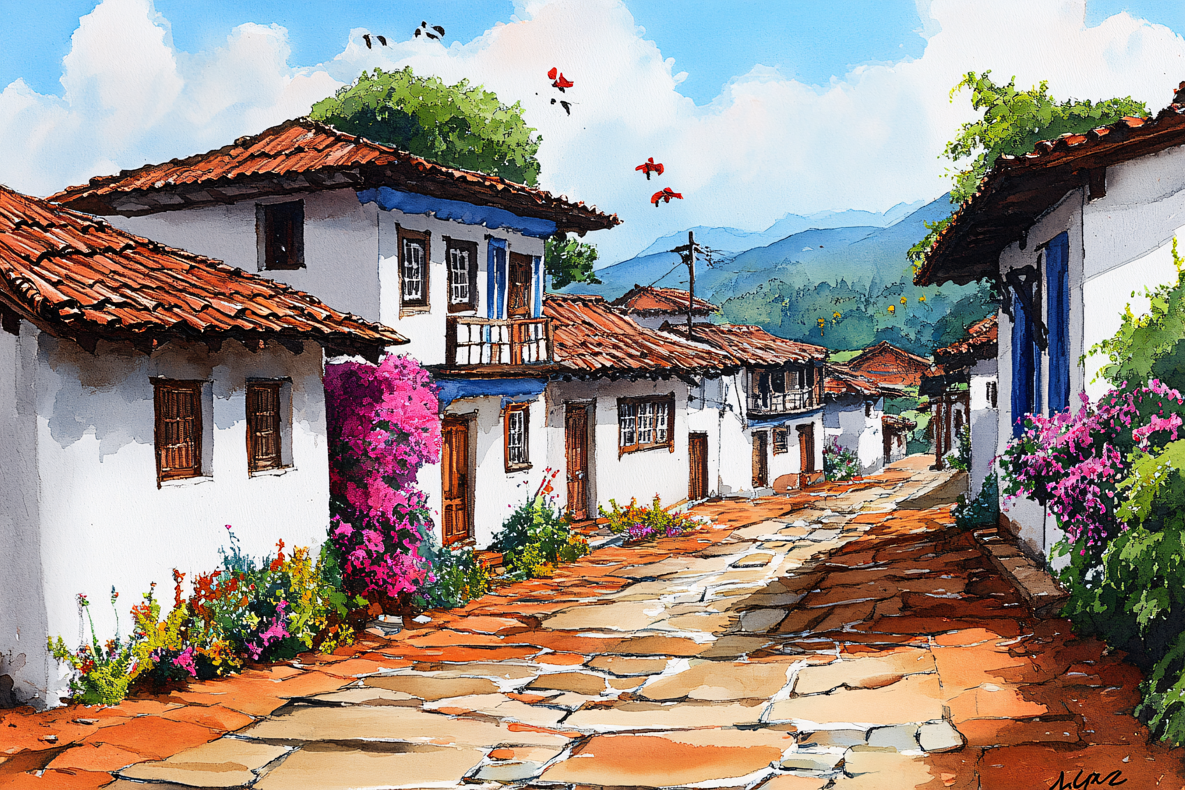 Village Street Watercolor