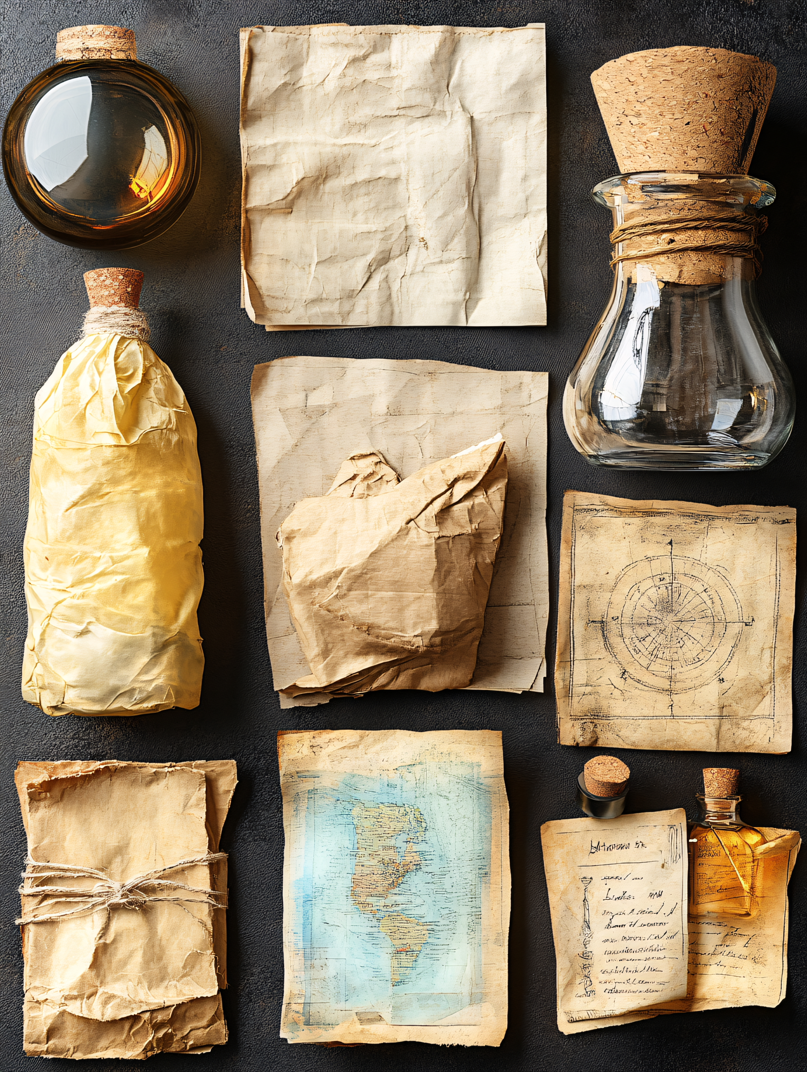 Vintage Alchemy Still Life with Papers and Bottles