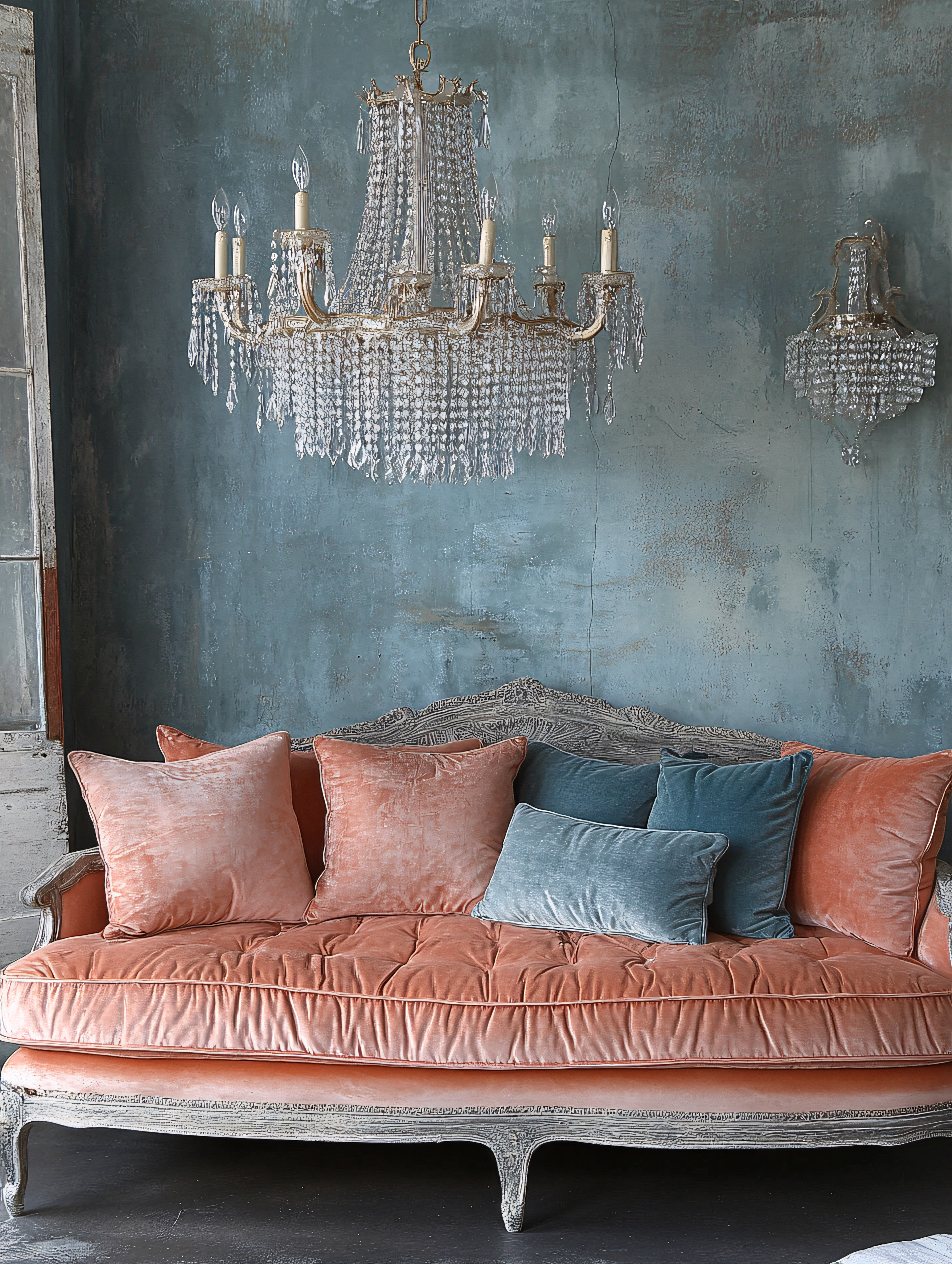 Vintage Velvet Sofa with Crystal Chandeliers