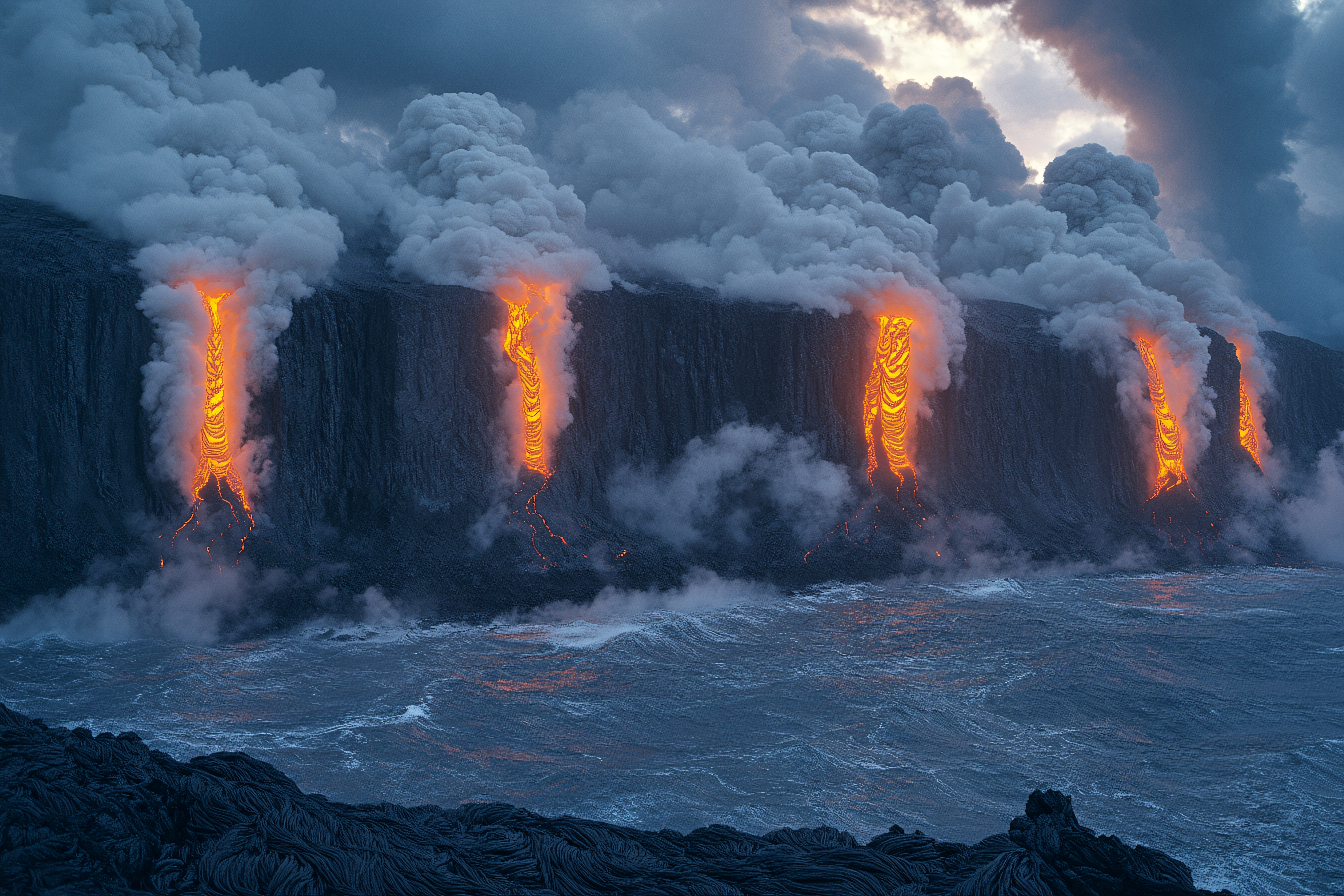 Volcanic Lava Flowing into Ocean